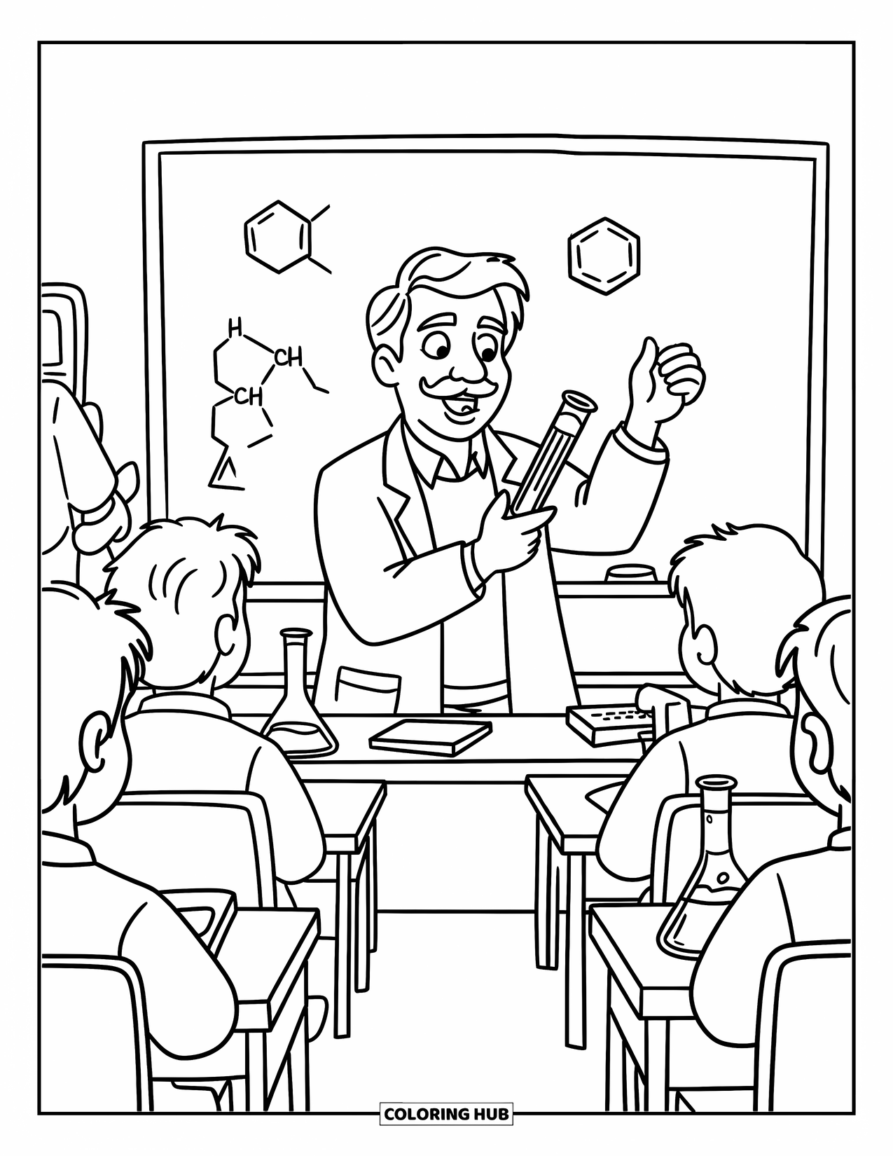 Lehrer Ausmalbild für Kinder: Ein Chemielehrer erklärt Reaktionen, während er ein Reagenzglas vor neugierigen Schülern hält