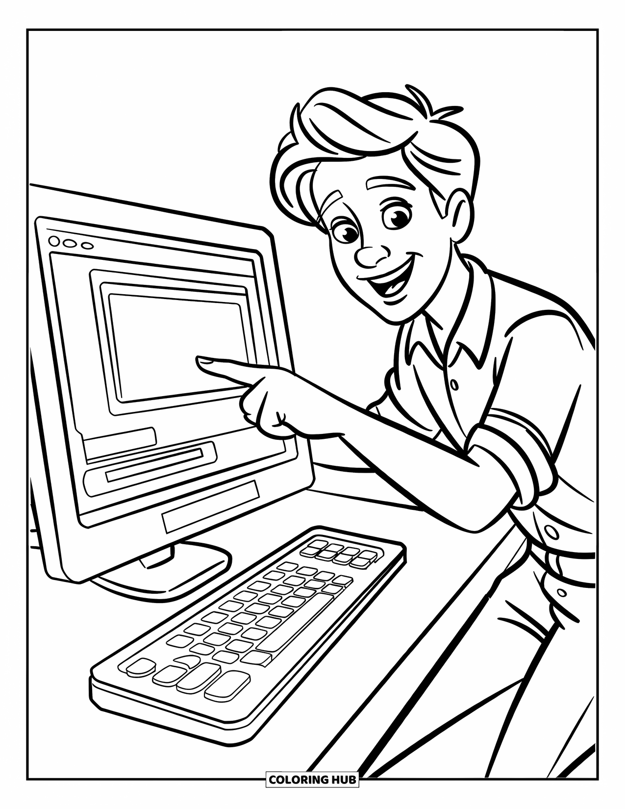 Lehrer Ausmalbild für Kinder: Ein Computerlehrer zeigt auf einen Bildschirm mit einer Tastatur in der Nähe, voller lustiger technischer Details