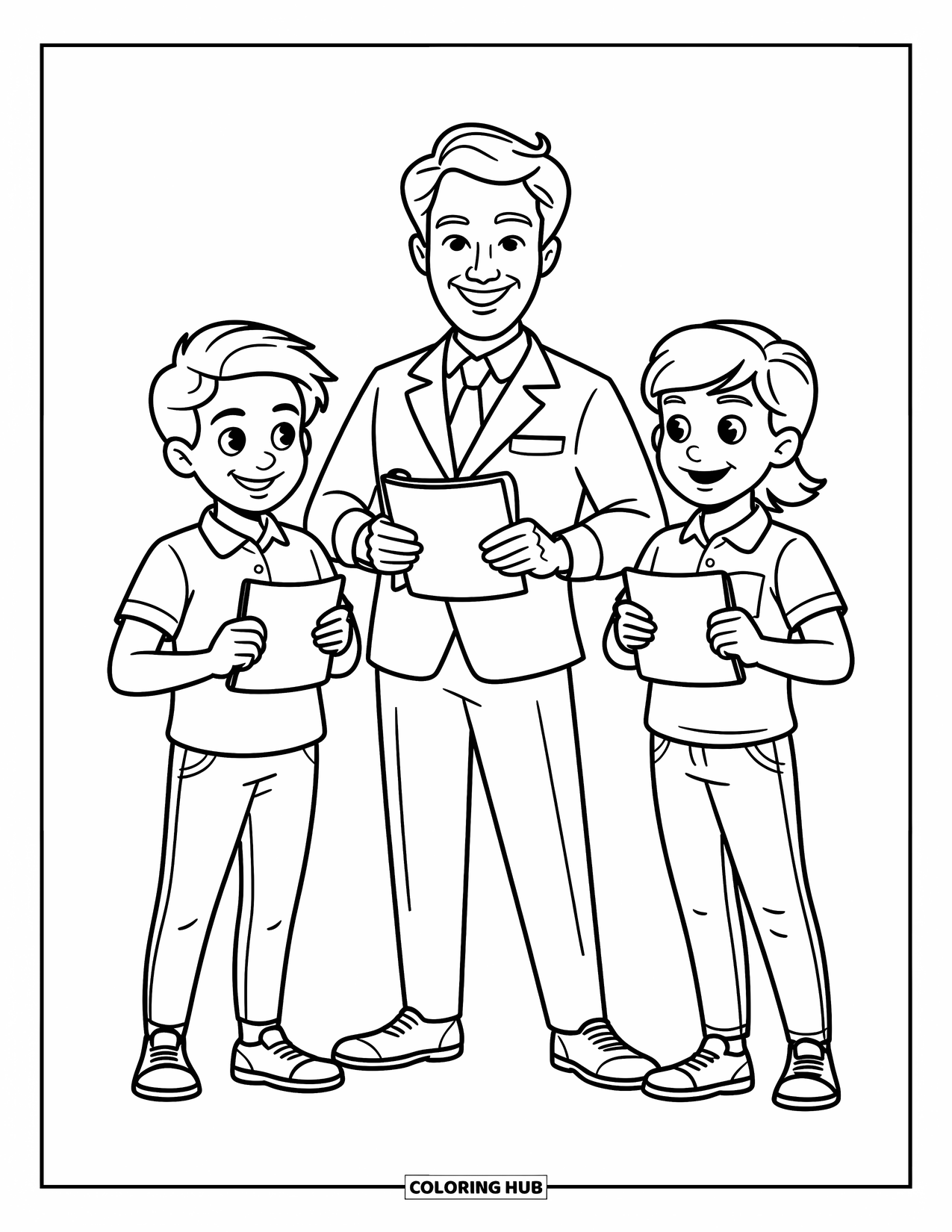 Lehrer Ausmalbild für Kinder: Ein freundlicher Debattencoach und zwei Schüler halten Notizkarten und tauschen Ideen mit ausdrucksstarken Gesichtern aus