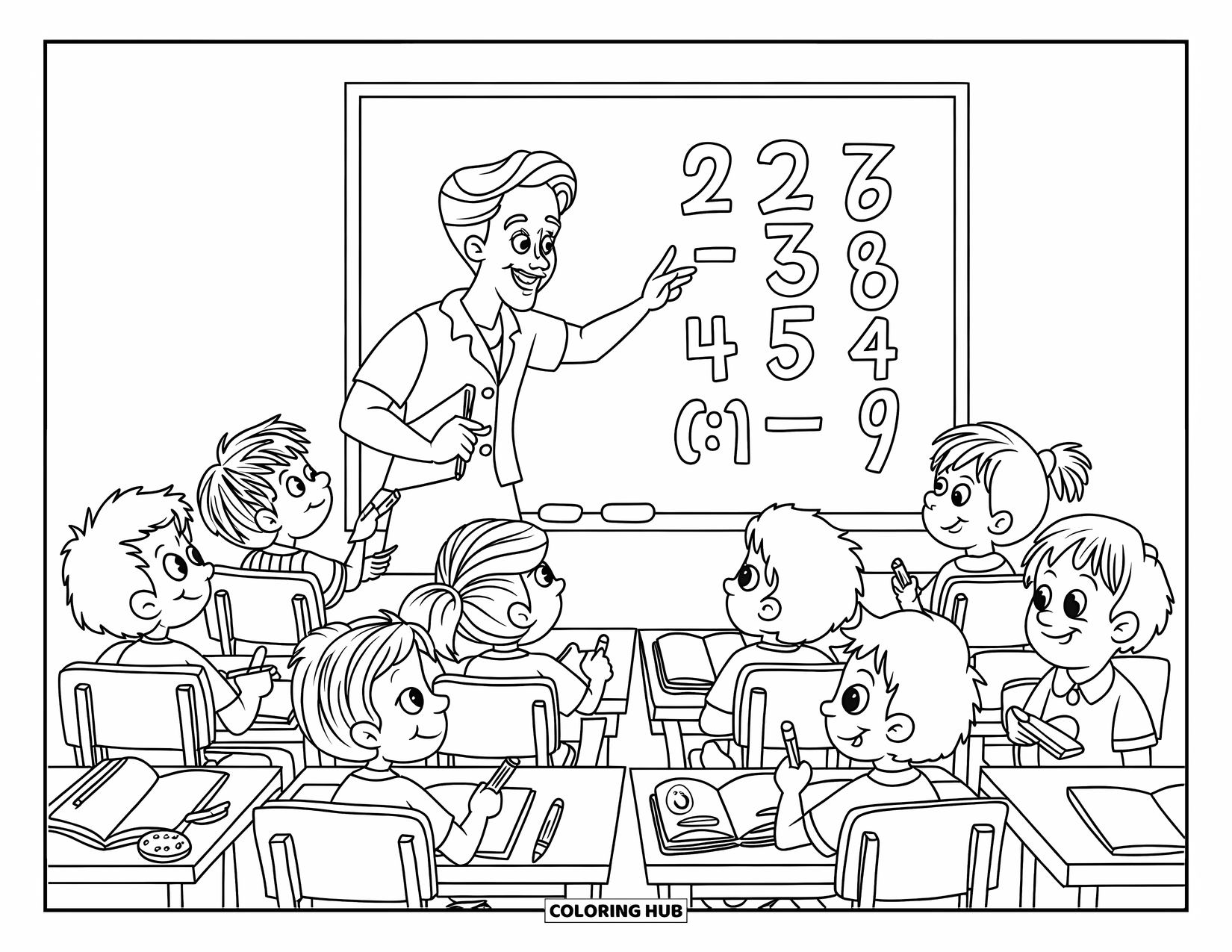 Lehrer Ausmalbild für Kinder: Eine freundliche Lehrerin gestikuliert auf eine Mathe-Tafel, während Kinder in ihre Notizbücher schreiben