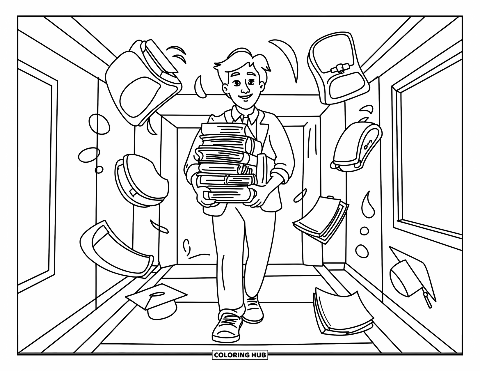 Lehrer Ausmalbild für Kinder: Eine freundliche Lehrerin geht mit Papieren und lustigen Schulelementen wie Rucksäcken und Mützen den Flur entlang