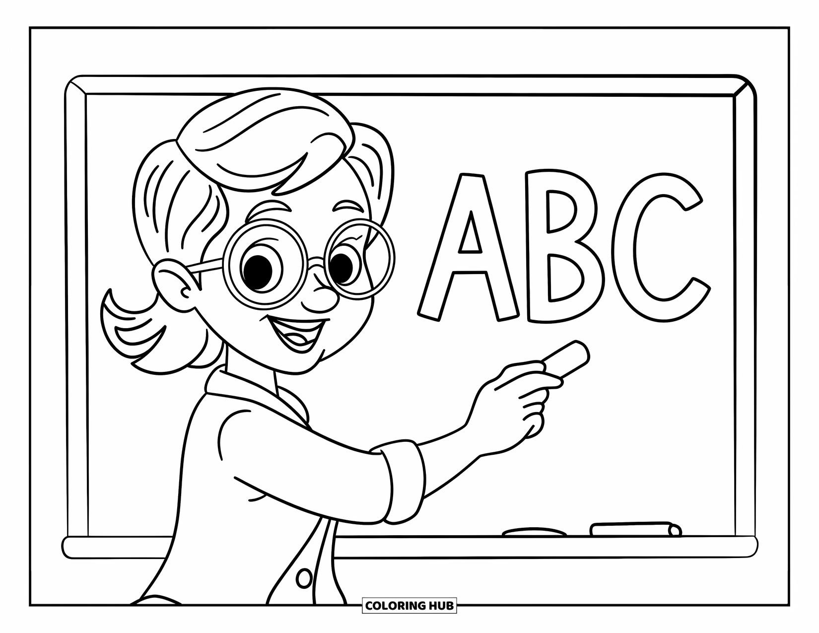 Lehrer Ausmalbild für Kinder: Eine freundliche Lehrerin schreibt mit einem breiten Lächeln und einer Brille „ABC“ auf eine Tafel