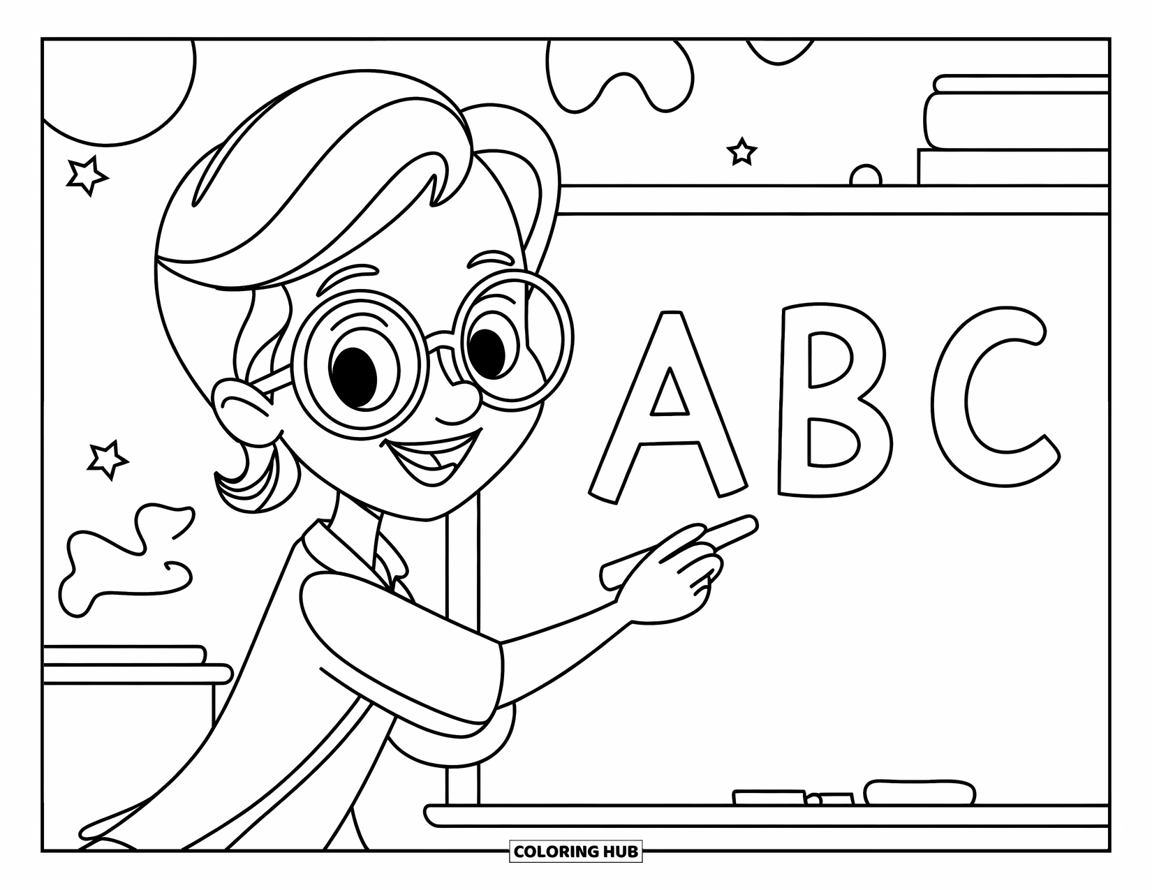 Lehrer Ausmalbild für Kinder: Eine freundliche Lehrerin schreibt große „ABC“-Buchstaben, während Sterne und Schulsachen die Tafel umgeben