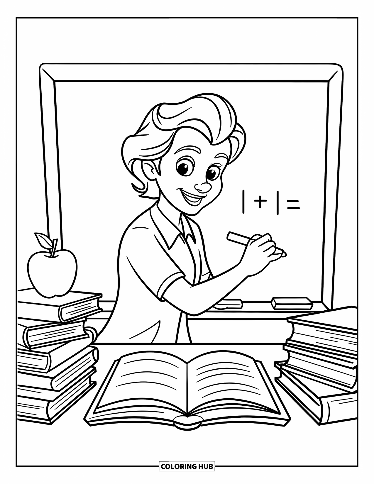 Lehrer Ausmalbild für Kinder: Eine freundliche Lehrerin schreibt mit Büchern und einem Apfel in der Nähe auf eine Tafel