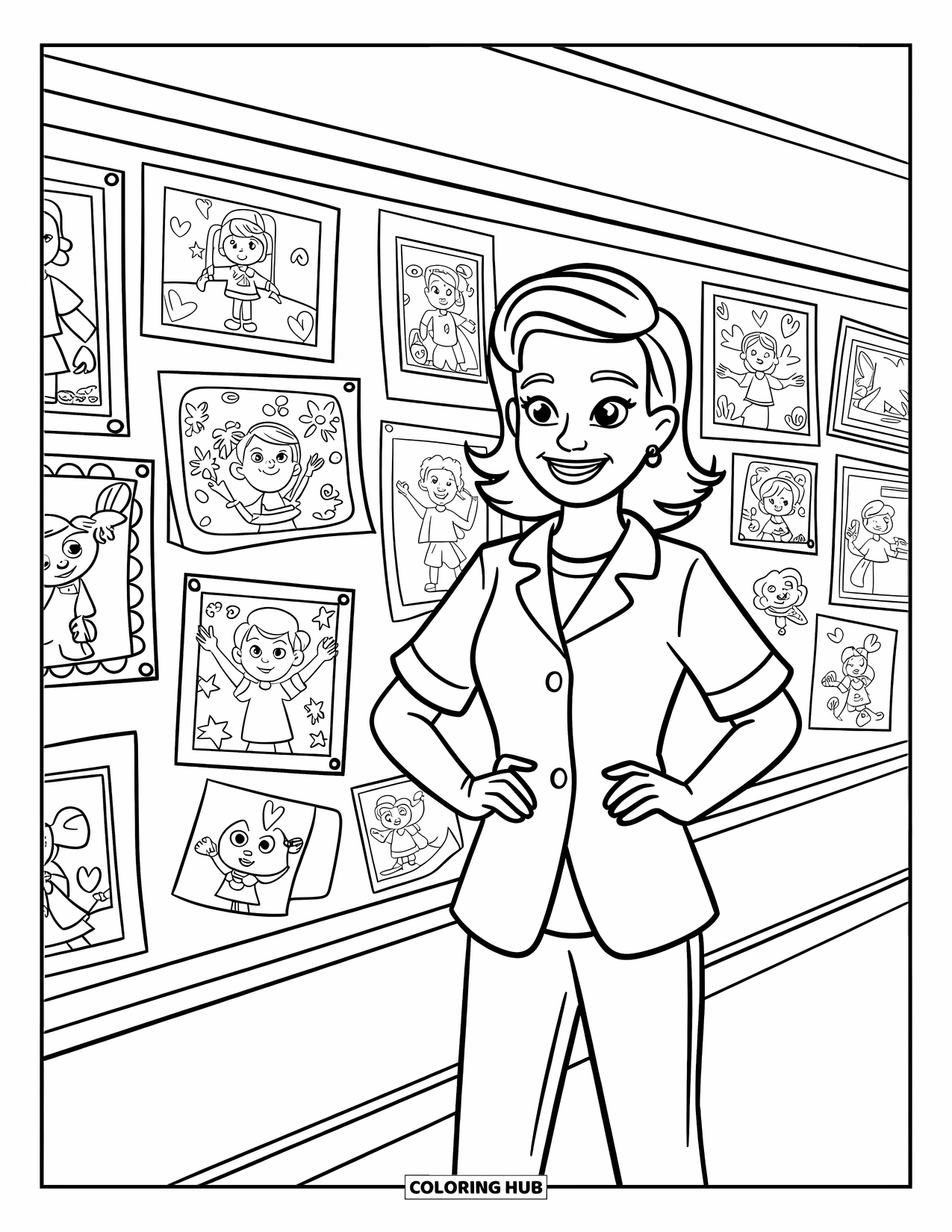 Lehrer Ausmalbild für Kinder: Eine Flurausstellung mit Schülerkunstwerken erstrahlt, während die Lehrerin mit einem stolzen Lächeln in der Nähe steht