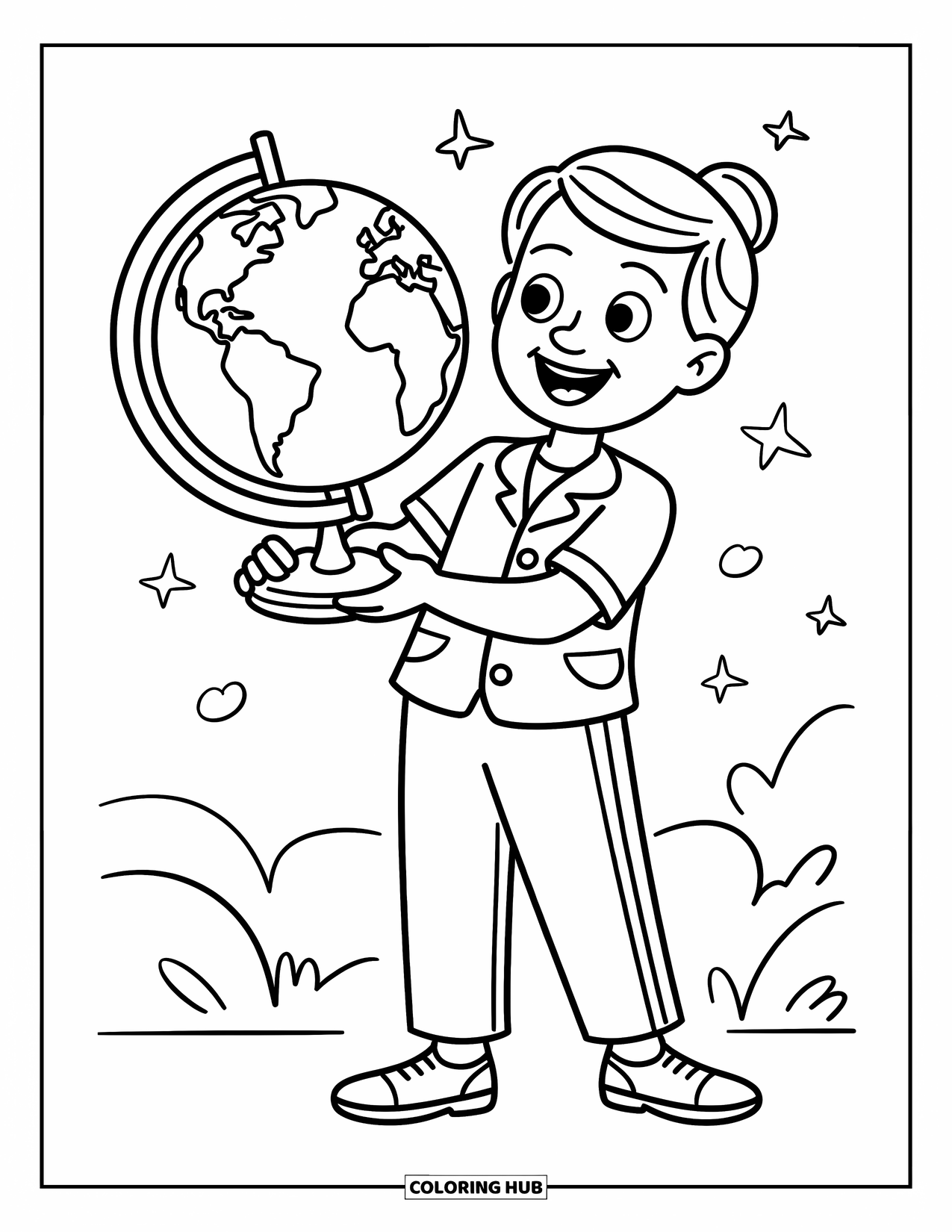 Lehrer Ausmalbild für Kinder: Eine glückliche Lehrerin hält einen Globus, umgeben von Sternen und Wolken