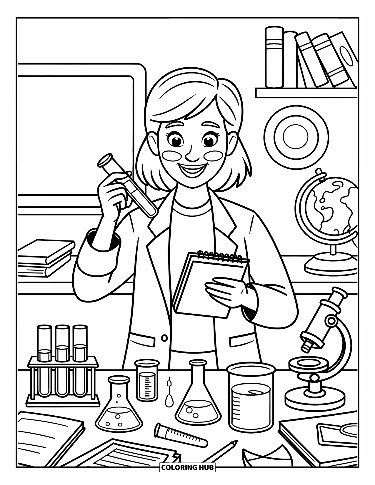 Lehrer Ausmalbild für Kinder: Eine glückliche Lehrerin hält ein Notizbuch, während sie Laborgeräte in einem verspielten Klassenzimmer aufbaut
