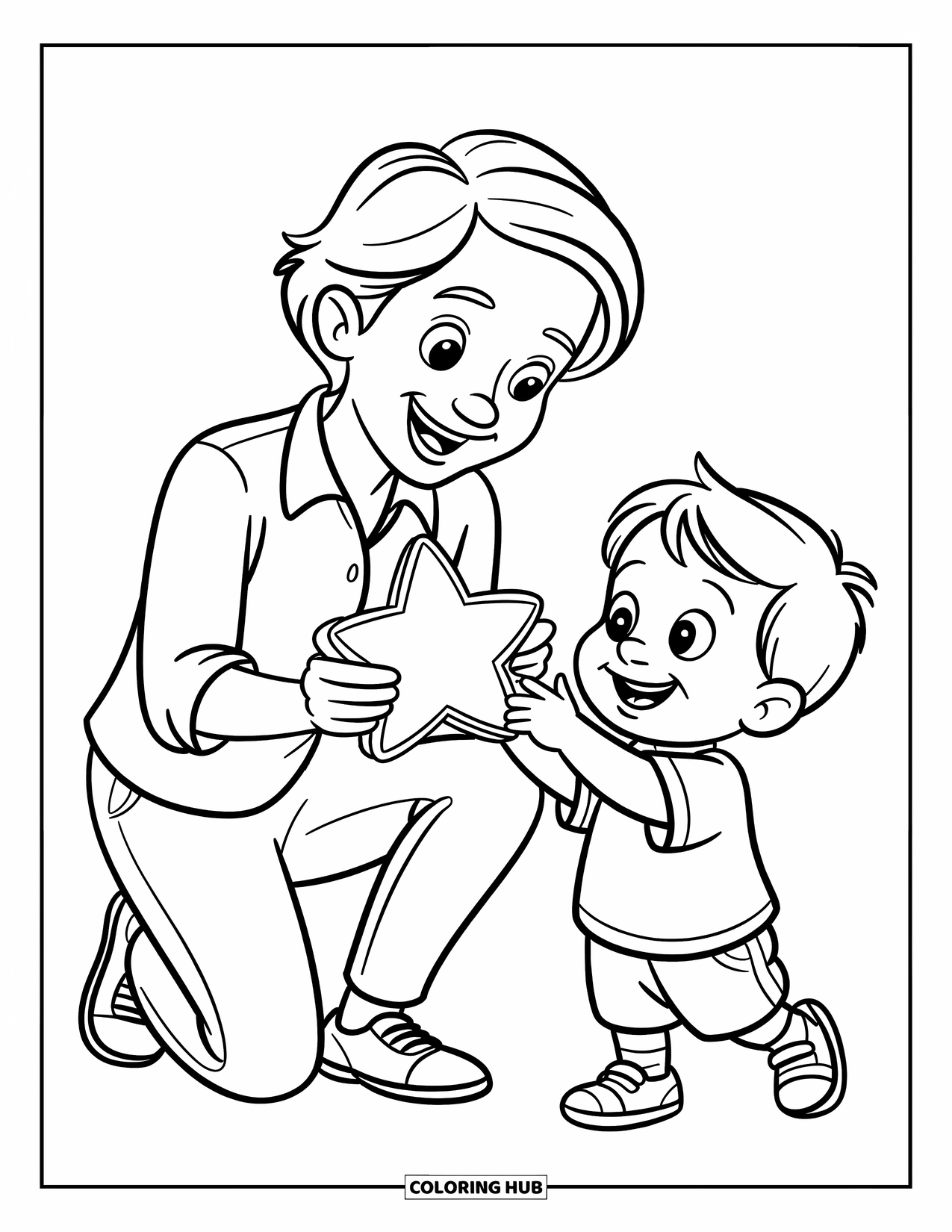 Lehrer Ausmalbild für Kinder: Eine glückliche Lehrerin kniet nieder, um einem fröhlichen Kind einen Sternaufkleber zu geben