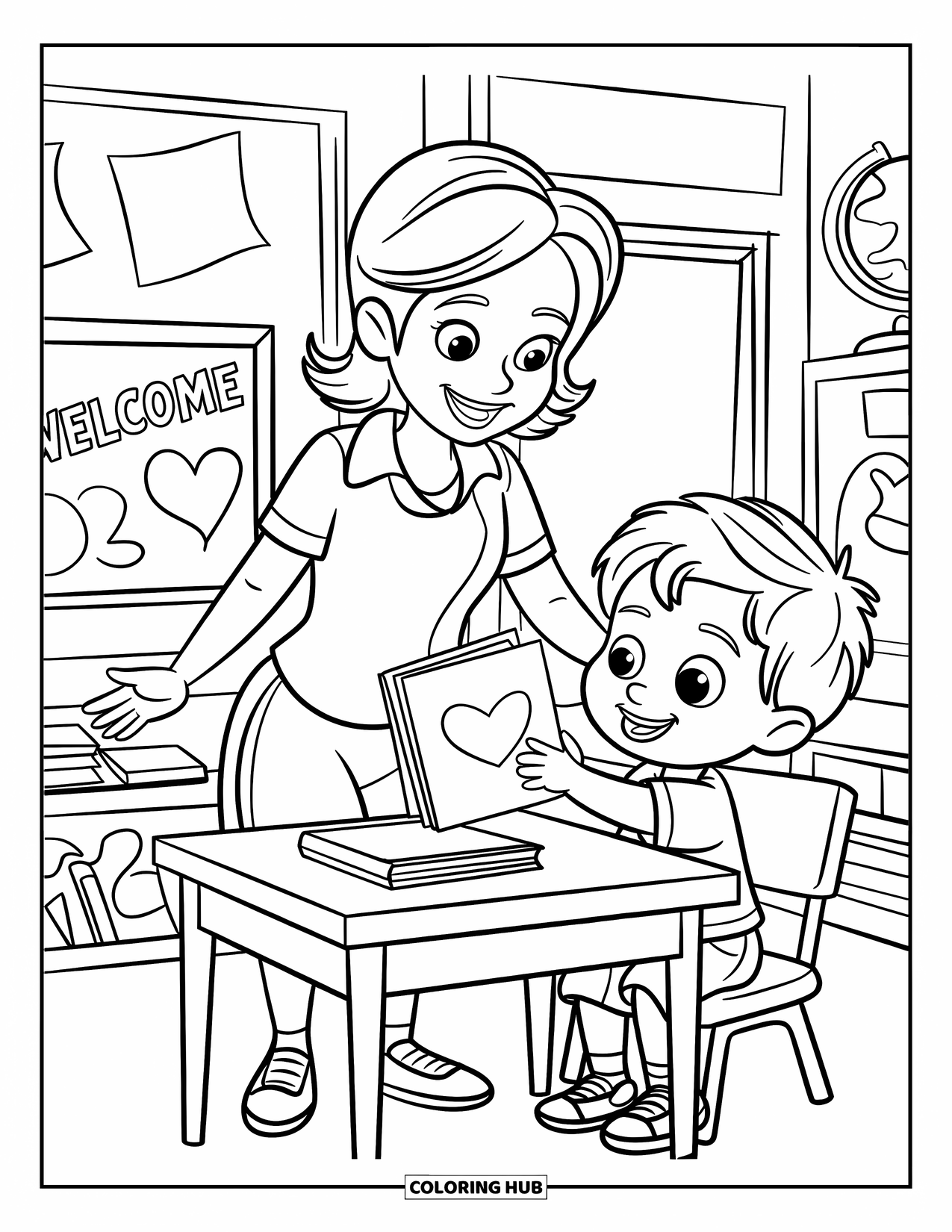 Lehrer Ausmalbild für Kinder: Eine glückliche Lehrerin steht an einem Schreibtisch, während ein Kind ihr eine Karte mit einem Herz schenkt