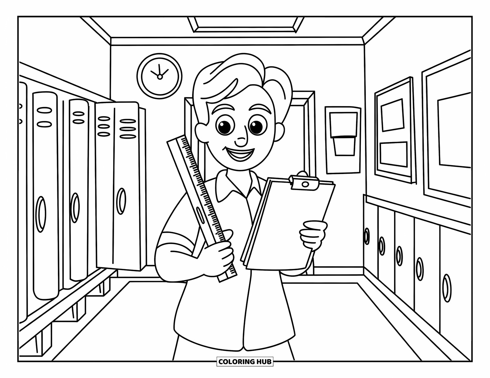 Lehrer Ausmalbild für Kinder: Eine glückliche Lehrerin steht in der Nähe von Schließfächern und hält mit einem breiten Lächeln ein Lineal und ein Klemmbrett