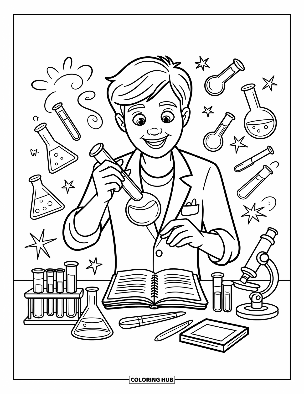 Lehrer Ausmalbild für Kinder: Eine fröhliche Lehrerin baut ein wissenschaftliches Projekt mit Reagenzgläsern, Notizen und lustigen Werkzeugen auf