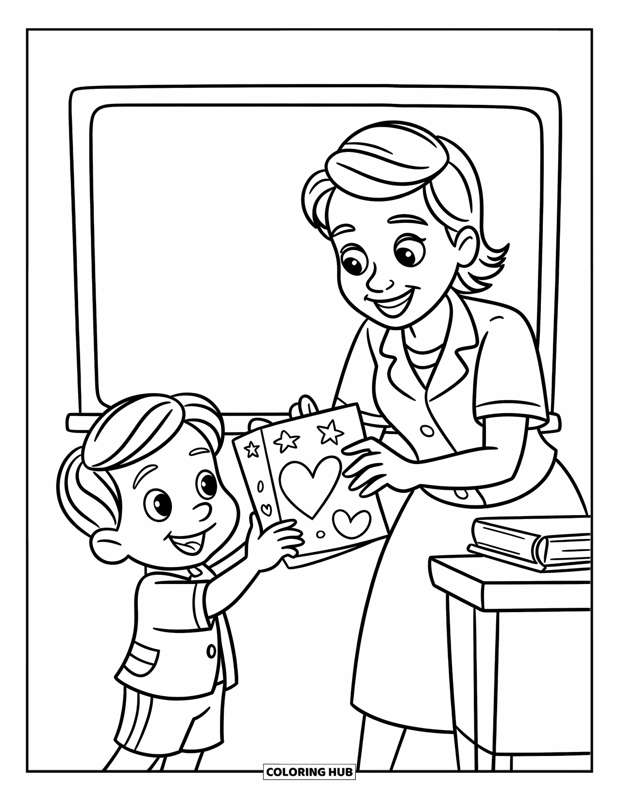 Lehrer Ausmalbild für Kinder: Eine freundliche Lehrerin steht an einem Schreibtisch, während ein Kind ihr eine Karte mit einem Herz schenkt