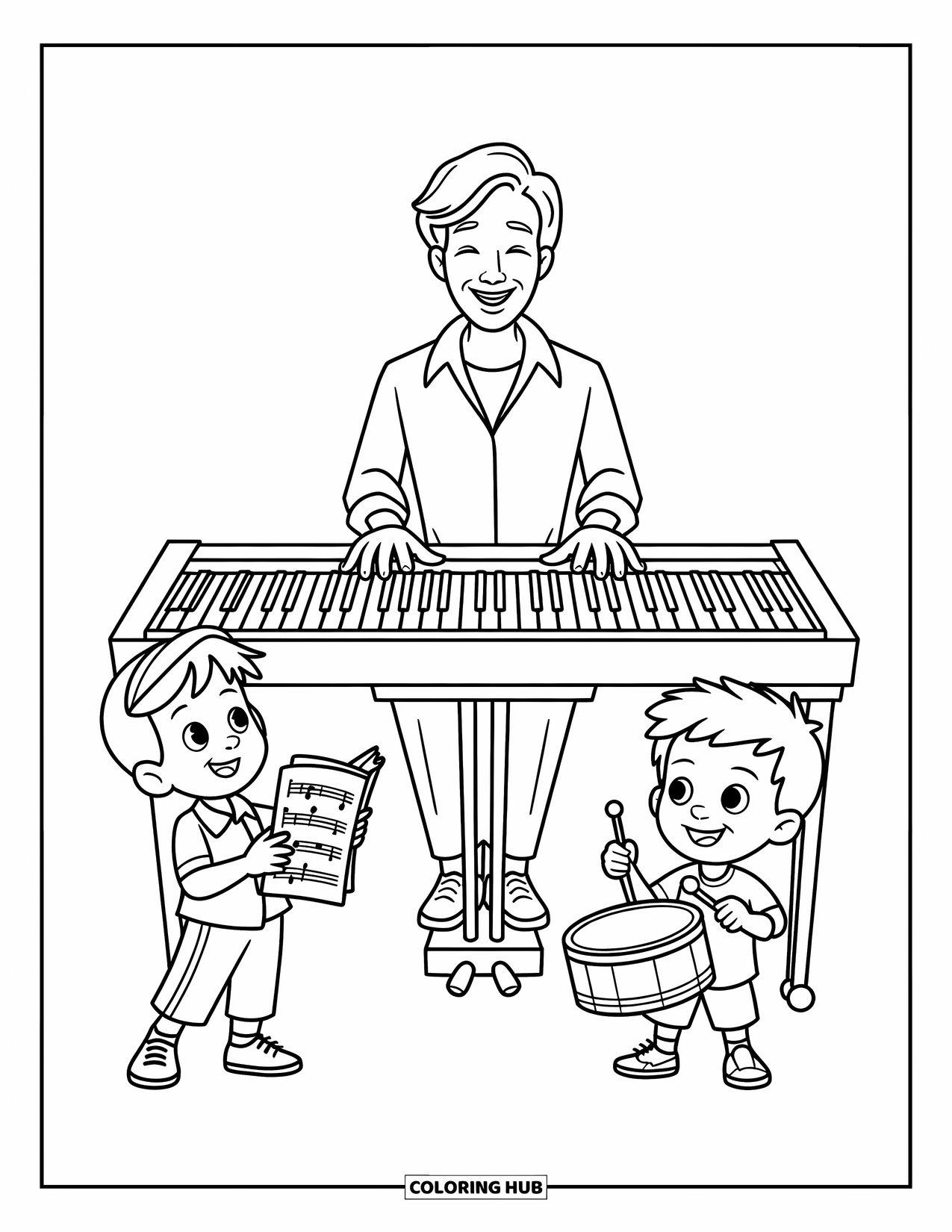 Lehrer Ausmalbild für Kinder: Ein Musiklehrer spielt Klavier, während Kinder mit einer Trommel und Noten in der Hand in der Nähe stehen