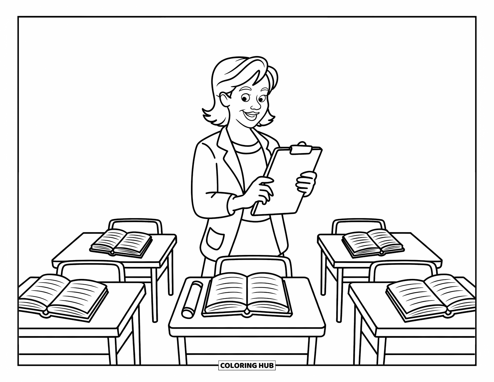 Lehrer Ausmalbild für Kinder: Eine lächelnde Lehrerin kontrolliert Schreibtische mit einem Klemmbrett, umgeben von Büchern und offenem Material
