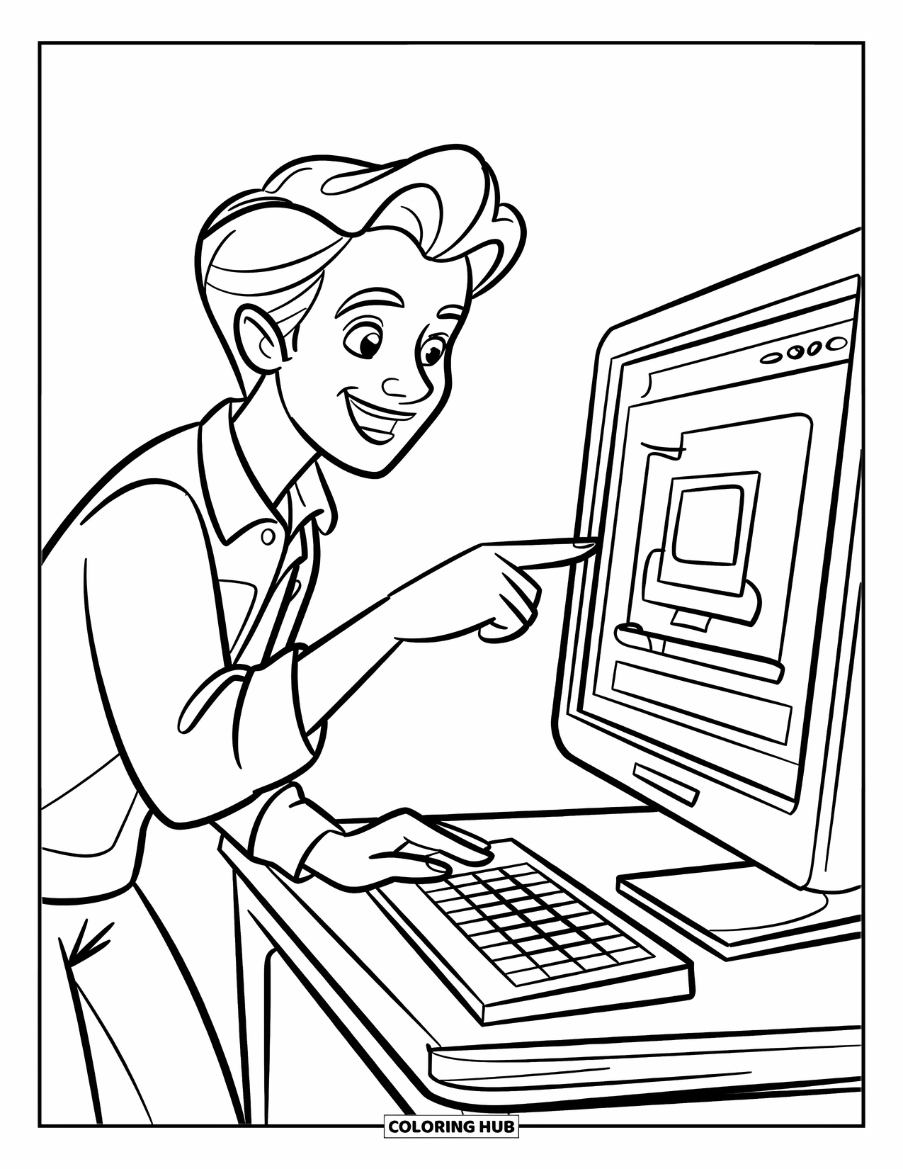 Lehrer Ausmalbild für Kinder: Eine lächelnde Lehrerin erklärt etwas auf einem Computerbildschirm neben einer Tastatur und einem gemusterten Schreibtisch