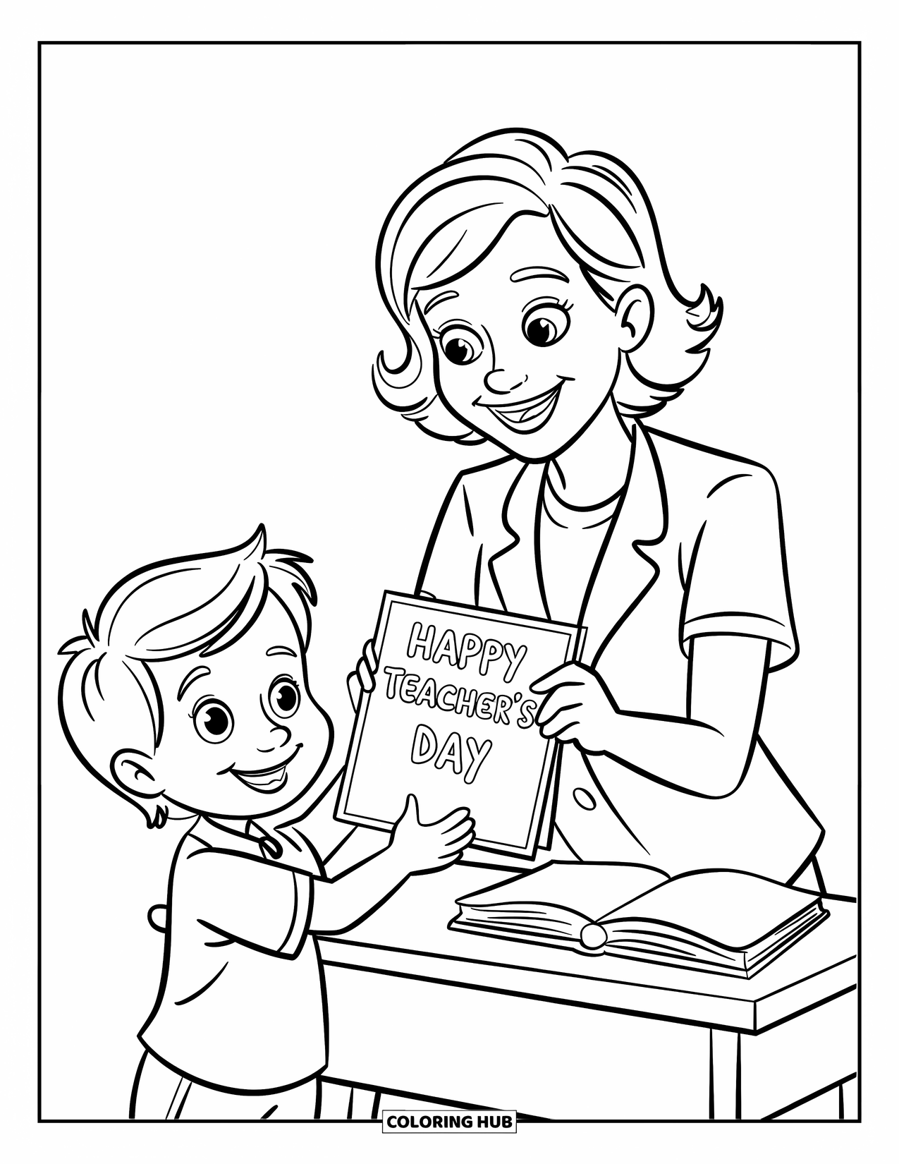 Lehrer Ausmalbild für Kinder: Ein lächelnder Lehrer bekommt eine Karte von einem glücklichen Kind, das sie stolz hochhält