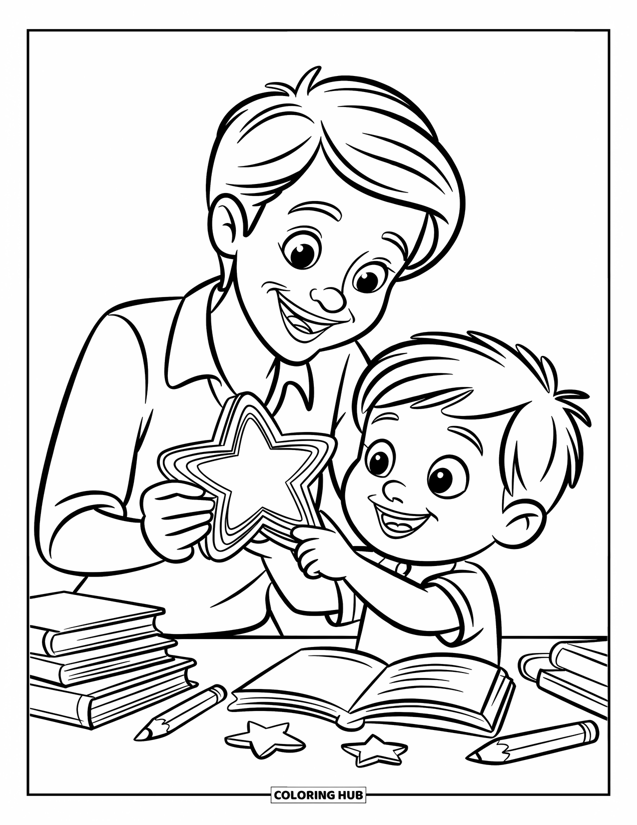 Lehrer Ausmalbild für Kinder: Eine lächelnde Lehrerin gibt einem fröhlichen Kind mit großen Augen einen großen Sternaufkleber