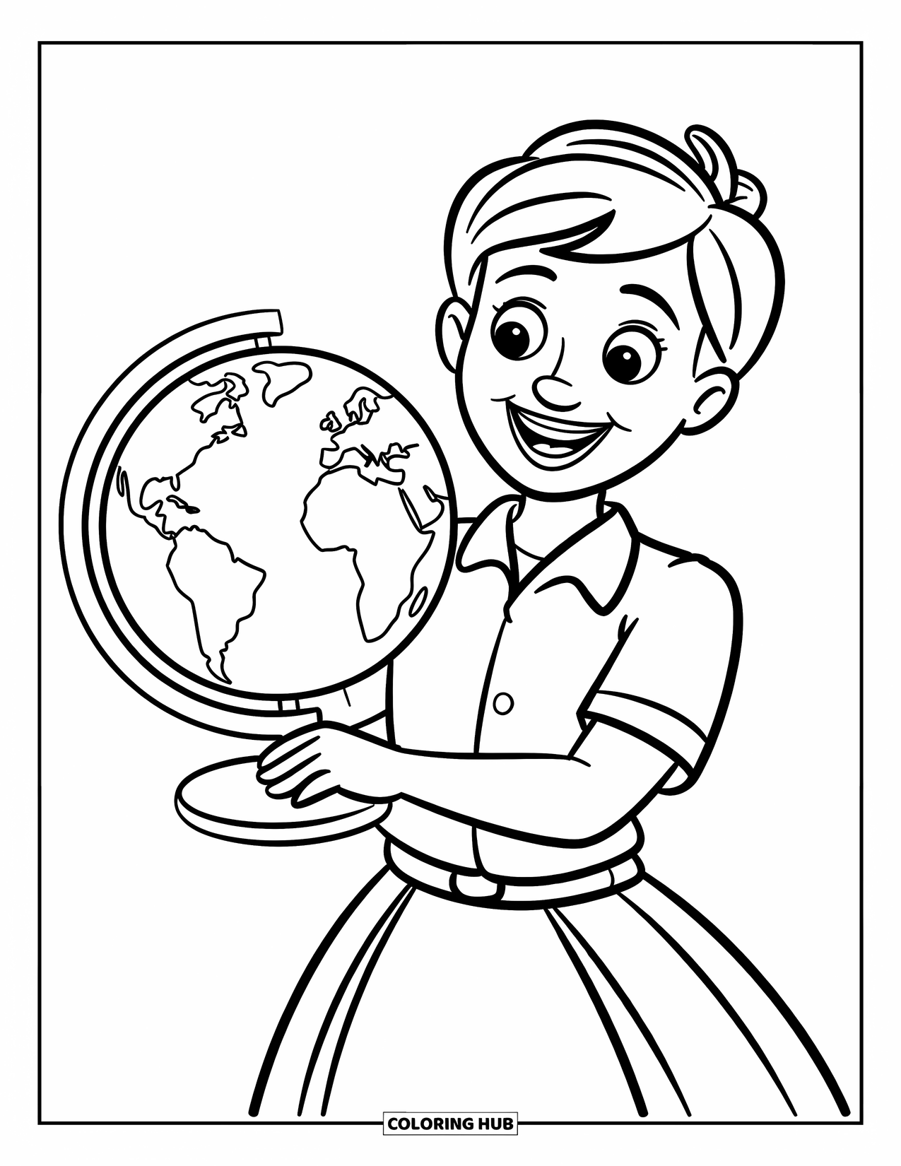 Lehrer Ausmalbild für Kinder: Eine lächelnde Lehrerin hält einen Globus, der die Kontinente und Ozeane zeigt