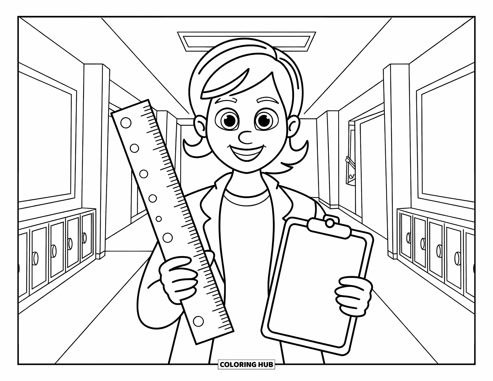 Lehrer Ausmalbild für Kinder: Eine lächelnde Lehrerin hält ein Lineal und ein Klemmbrett in einem ruhigen Flur mit Schließfächern