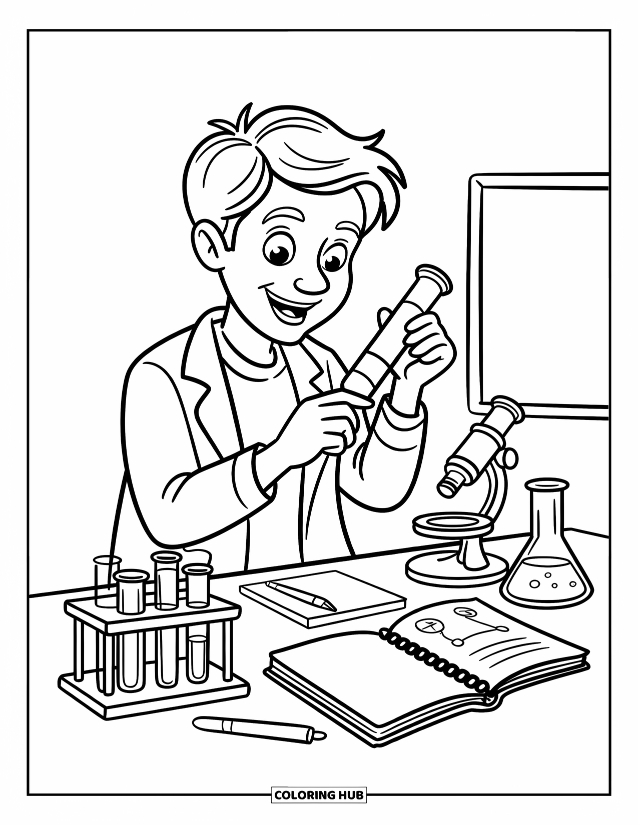 Lehrer Ausmalbild für Kinder: Eine lächelnde Lehrerin im Laborkittel bereitet einen Wissenschaftstisch voller Bechergläser und Notizen vor