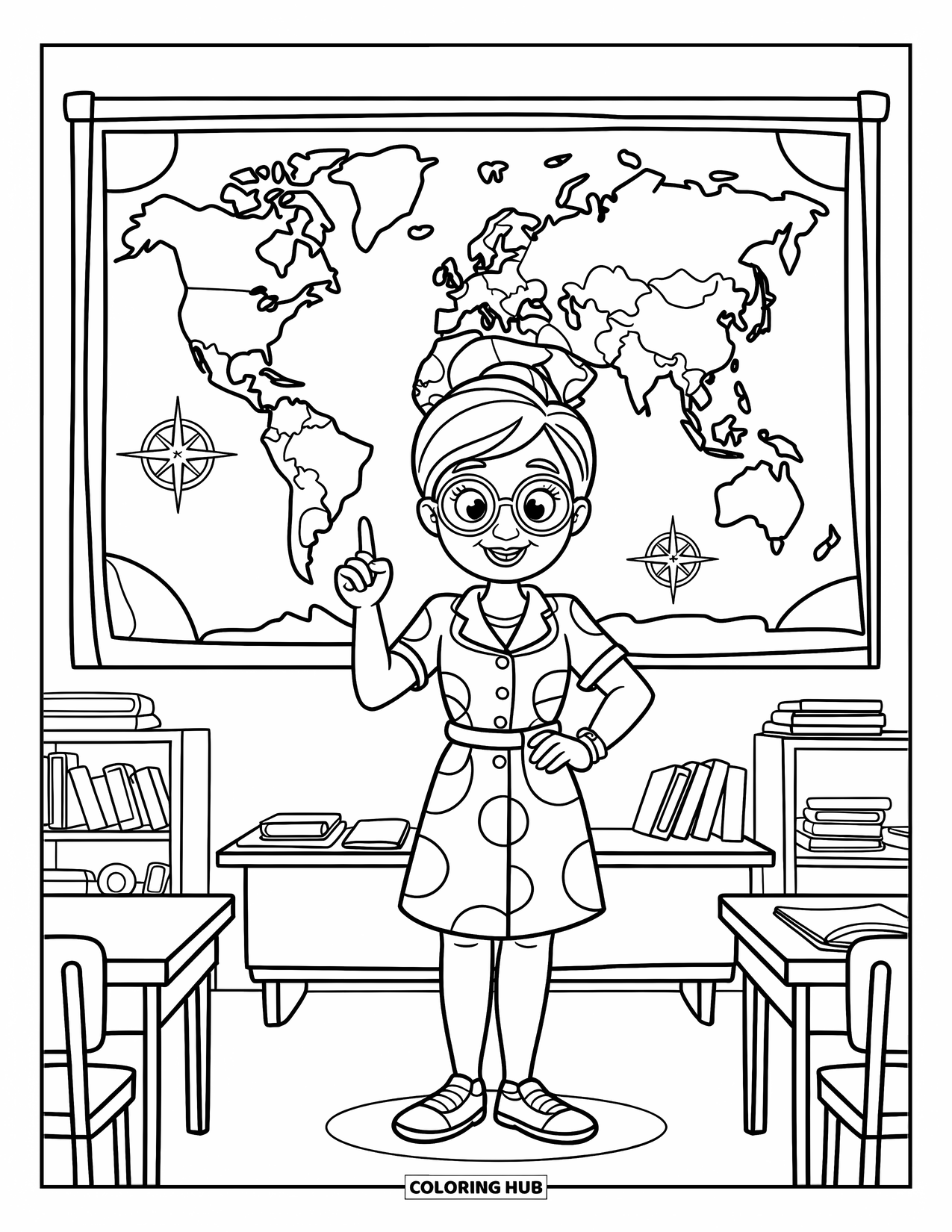 Lehrer Ausmalbild für Kinder: Eine lächelnde Lehrerin zeigt auf eine Karte, umgeben von Büchern, Postern und neugierigen Schülern