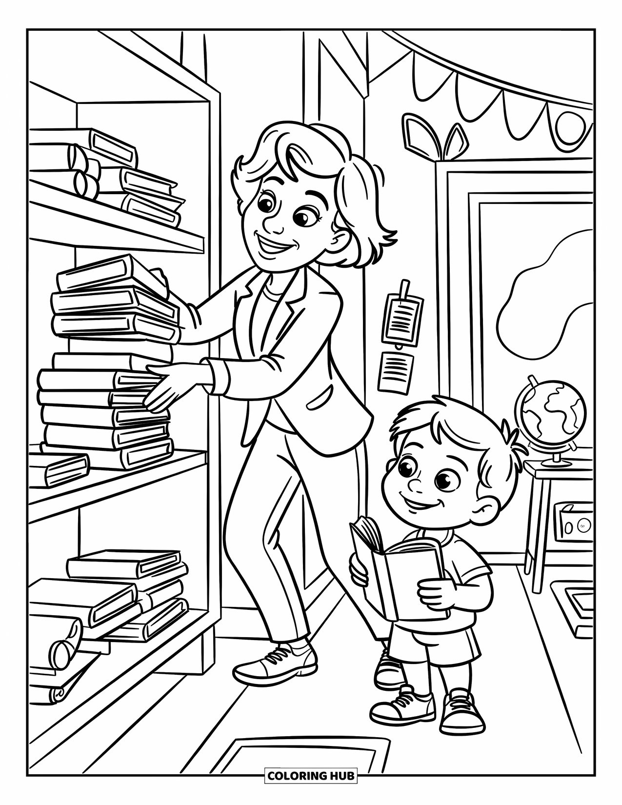 Lehrer Ausmalbild für Kinder: Eine lächelnde Lehrerin stapelt Bücher, während ein Kind, das ein Buch hält, aufmerksam zusieht