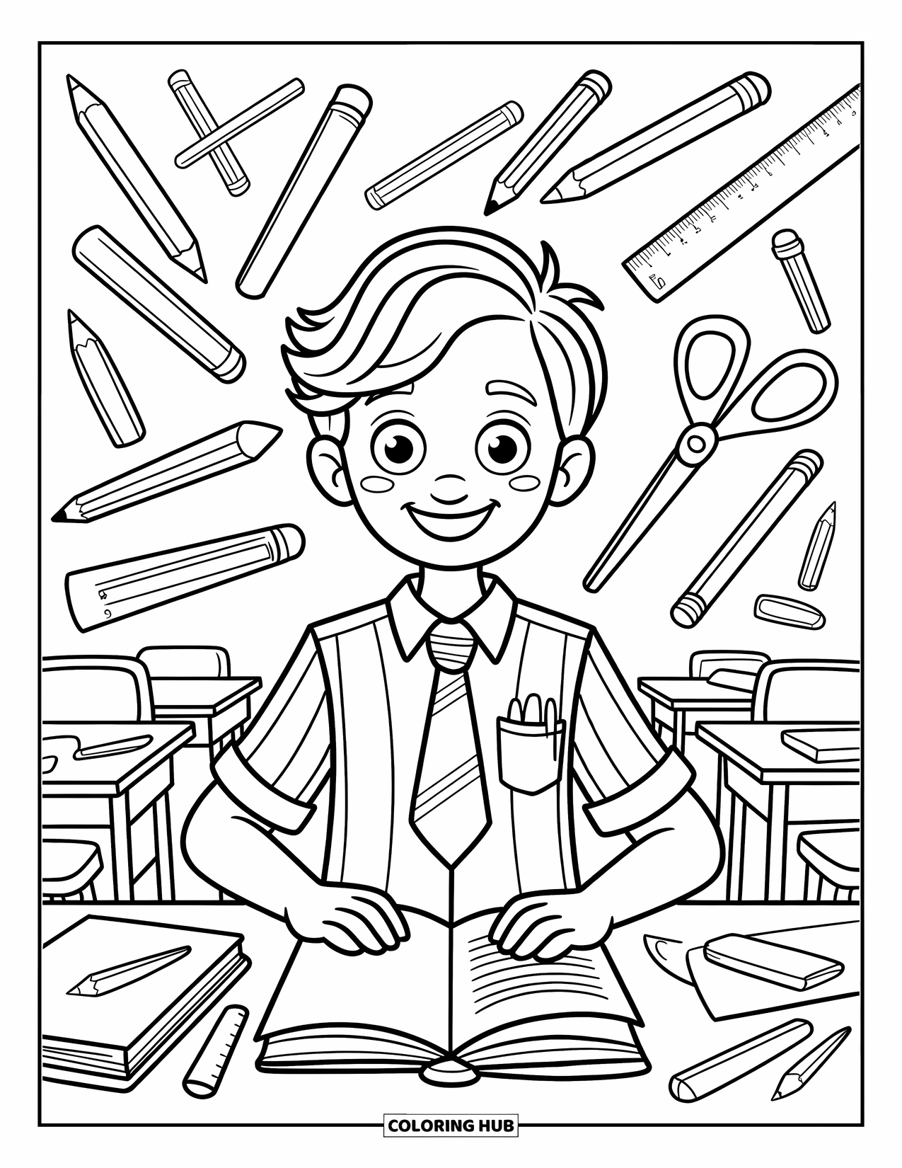 Lehrer Ausmalbild für Kinder: Eine lächelnde Lehrerin steht inmitten verstreuter Schulsachen wie Bleistifte und Scheren