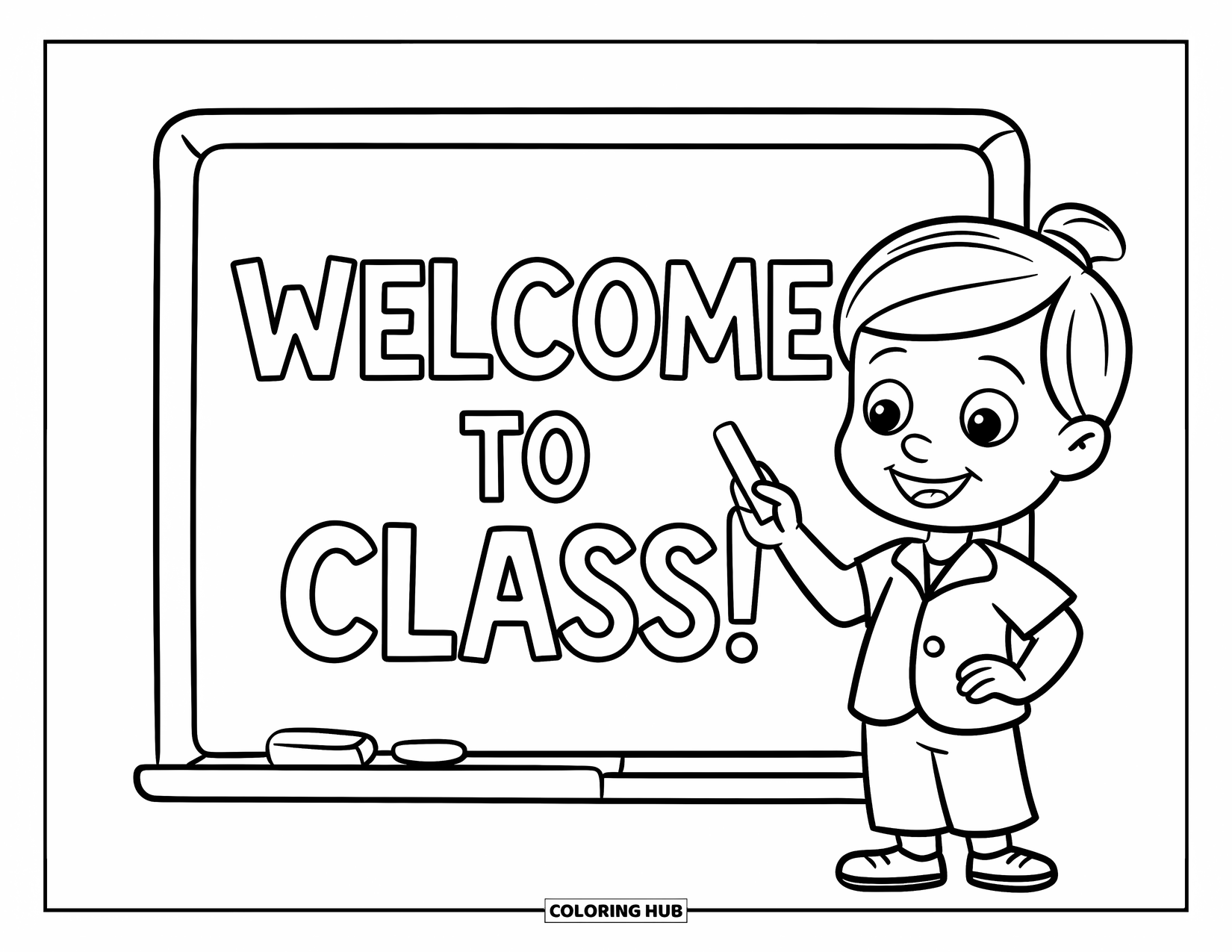 Lehrer Ausmalbild für Kinder: Ein lächelnder Lehrer steht an einer Tafel, auf der steht „Willkommen im Unterricht!“, mit Kreide in der Hand