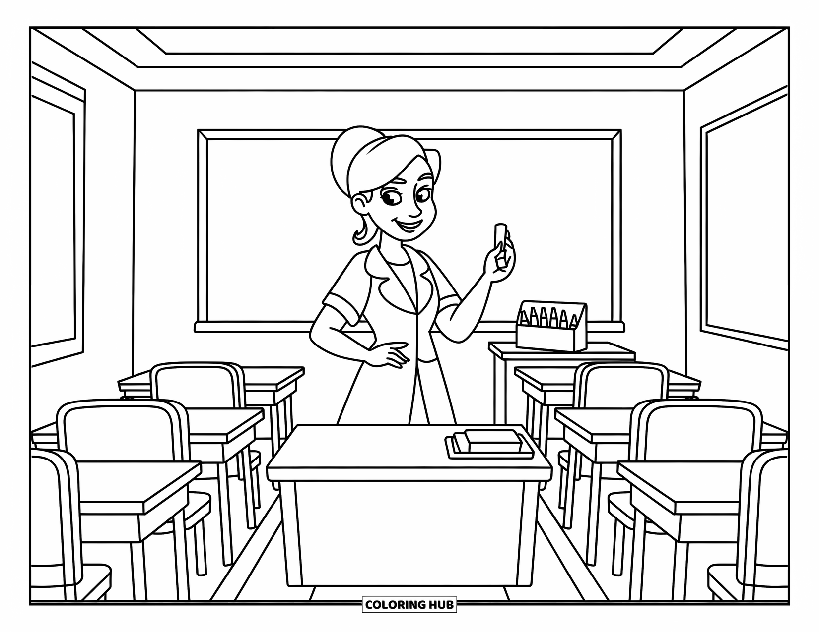 Lehrer Ausmalbild für Kinder: Ein lächelnder Lehrer steht in der Nähe einer Tafel und einer Buntstiftbox neben ihren Füßen