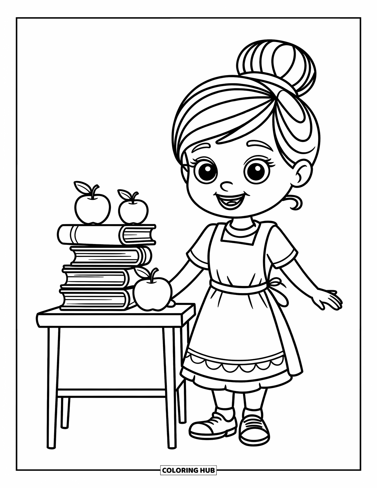 Lehrer Ausmalbild für Kinder: Eine lächelnde Lehrerin mit Dutt steht in der Nähe von Äpfeln und Büchern auf einem kleinen Schreibtisch