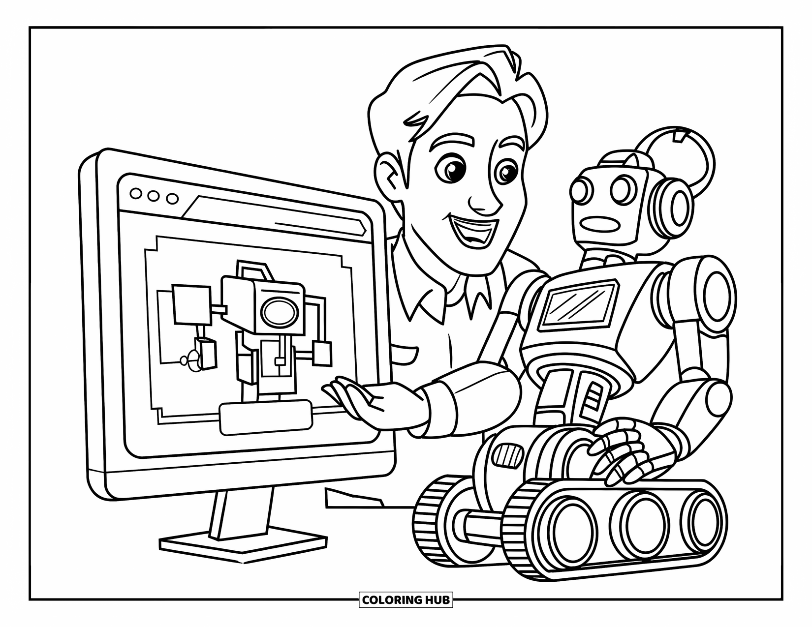 Lehrer Ausmalbild für Kinder: Eine lächelnde Techniklehrerin erklärt ein Robotermodell, wobei Schaltkreise auf dem Bildschirm in der Nähe angezeigt werden