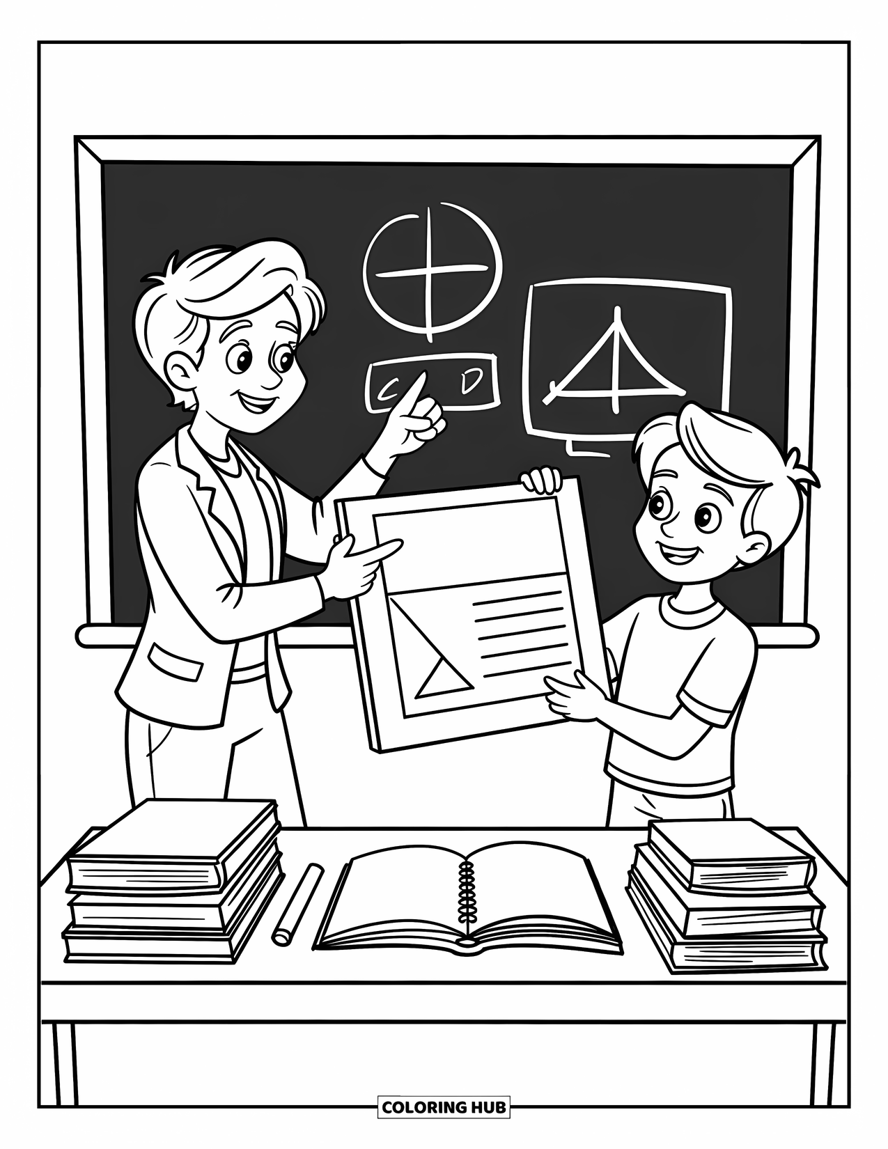 Lehrer Ausmalbild für Kinder: Eine Lehrerin und ein Schüler teilen einen Moment während einer Projektpräsentation mit Diagrammen und Büchern in der Nähe