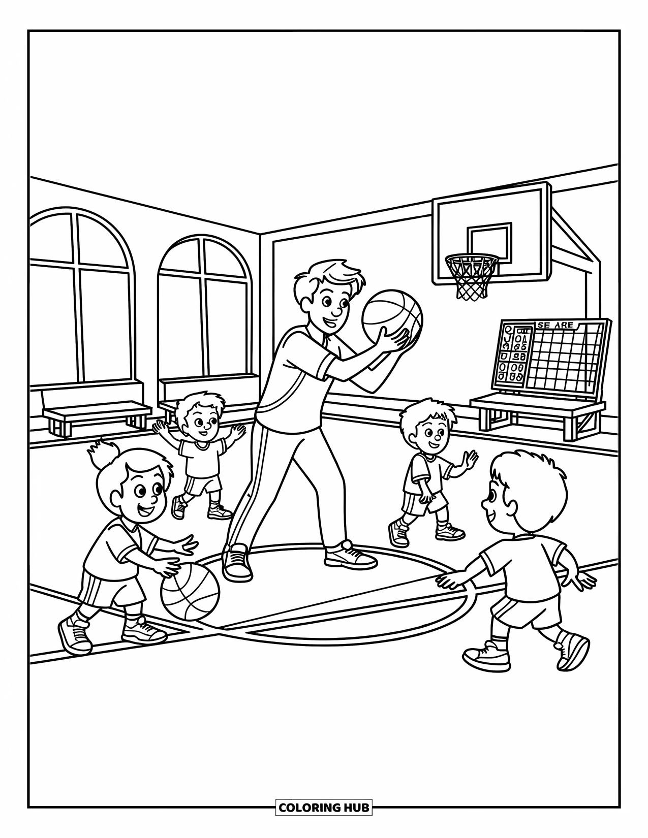Lehrer Ausmalbild für Kinder: Eine Lehrerin demonstriert Bewegungen, während Kinder unter einer Anzeigetafel und Turnhallenfenstern dribbeln und werfen