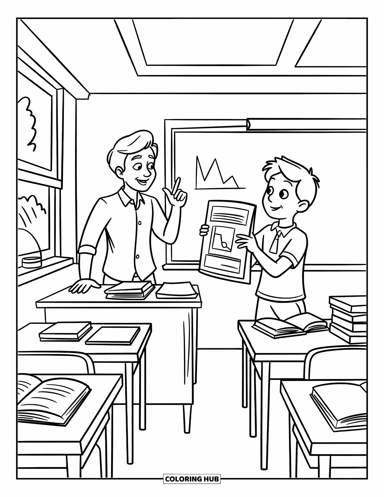 Lehrer Ausmalbild für Kinder: Eine Lehrerin gibt Feedback, während ein Schüler in der Nähe von Schreibtischen, einer Tafel und einem Fenster mit Baumblick präsentiert