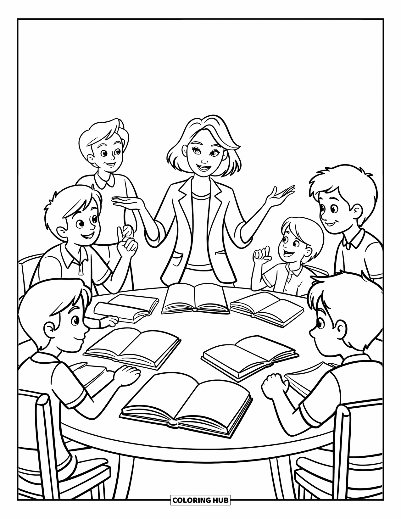 Lehrer Ausmalbild für Kinder: Ein Lehrer leitet Schüler in einer Diskussion an, mit Büchern und erhobenen Händen an einem runden Klassenzimmertisch