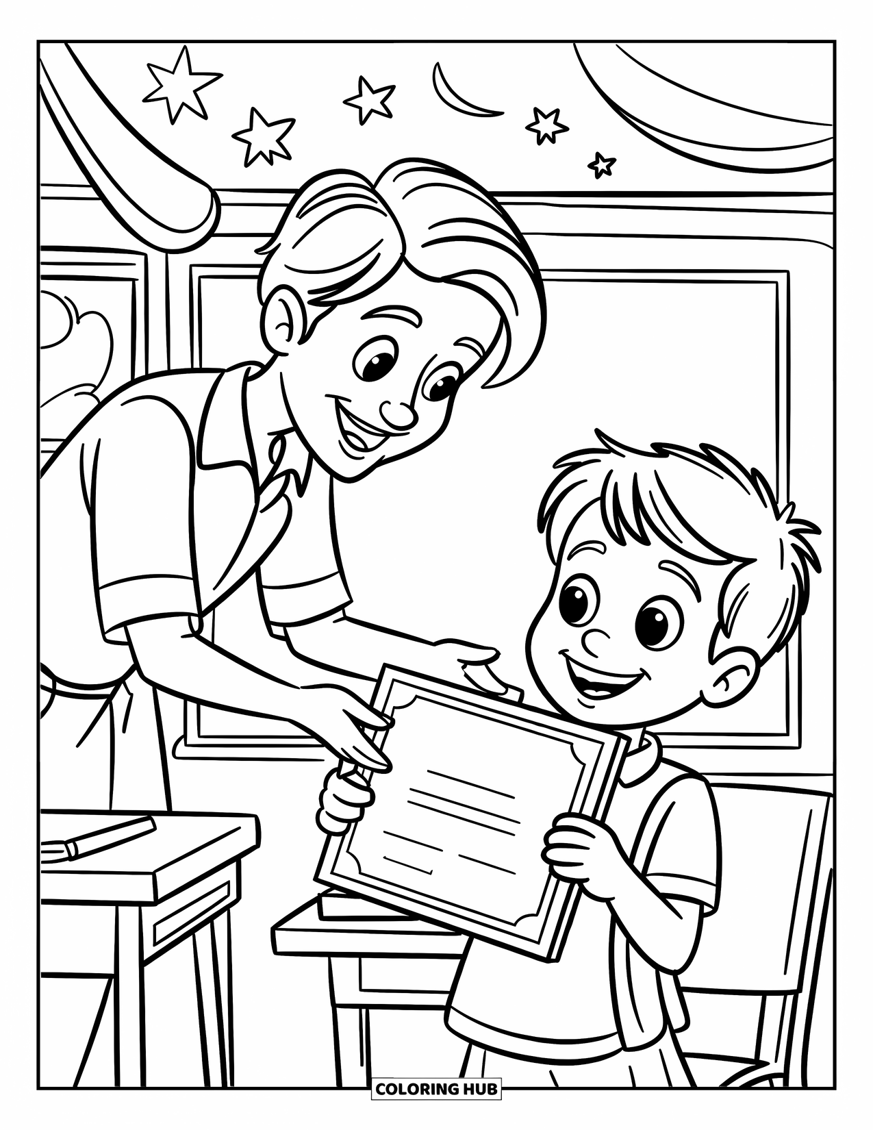 Lehrer Ausmalbild für Kinder: Eine Lehrerin überreicht einem lächelnden Schüler eine Urkunde mit Sternen und Konfetti im Hintergrund
