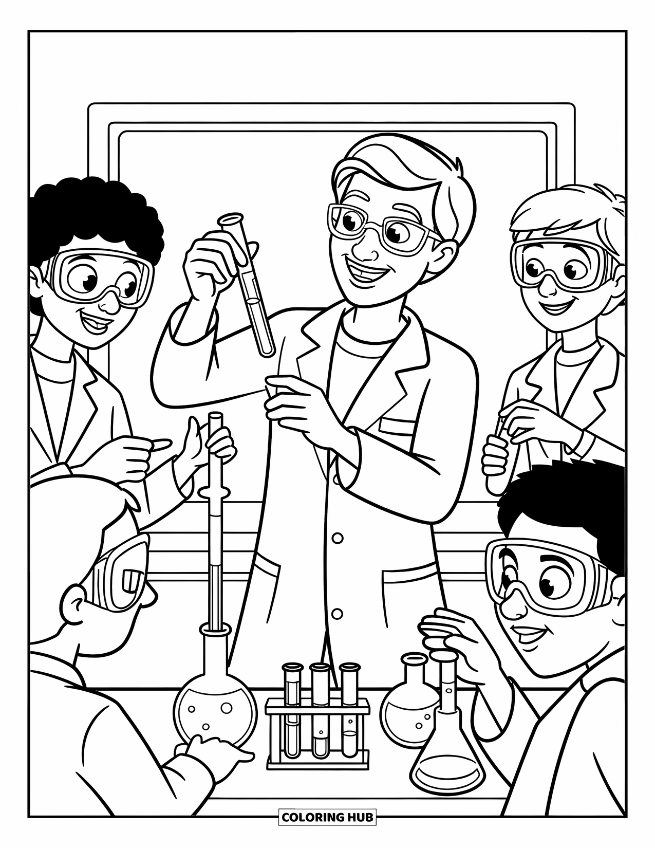Lehrer Ausmalbild für Kinder: Ein Lehrer mit Brille hält ein Reagenzglas, während Schüler zusehen, umgeben von Chemieausrüstung