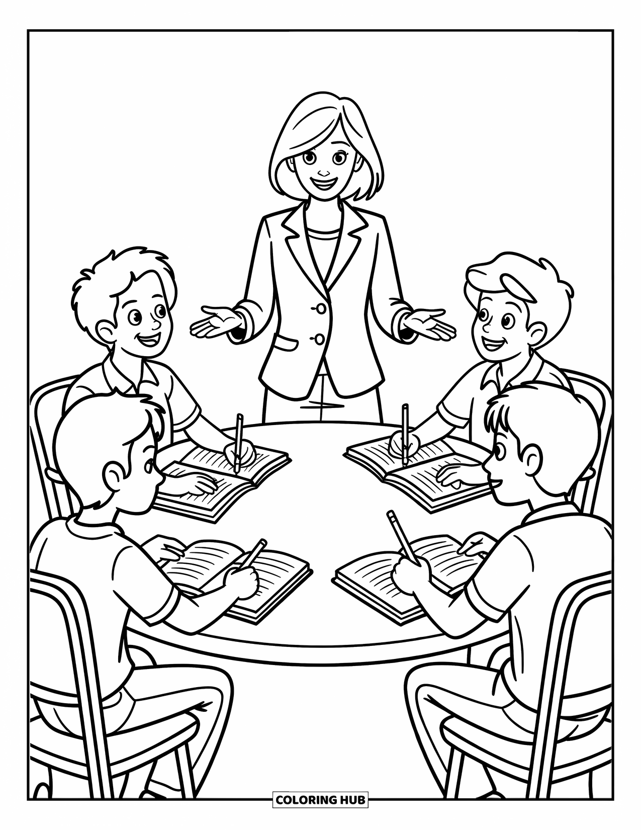 Lehrer Ausmalbild für Kinder: Eine Lehrerin leitet eine lebhafte Diskussion an einem runden Tisch voller Bücher und Schülerideen