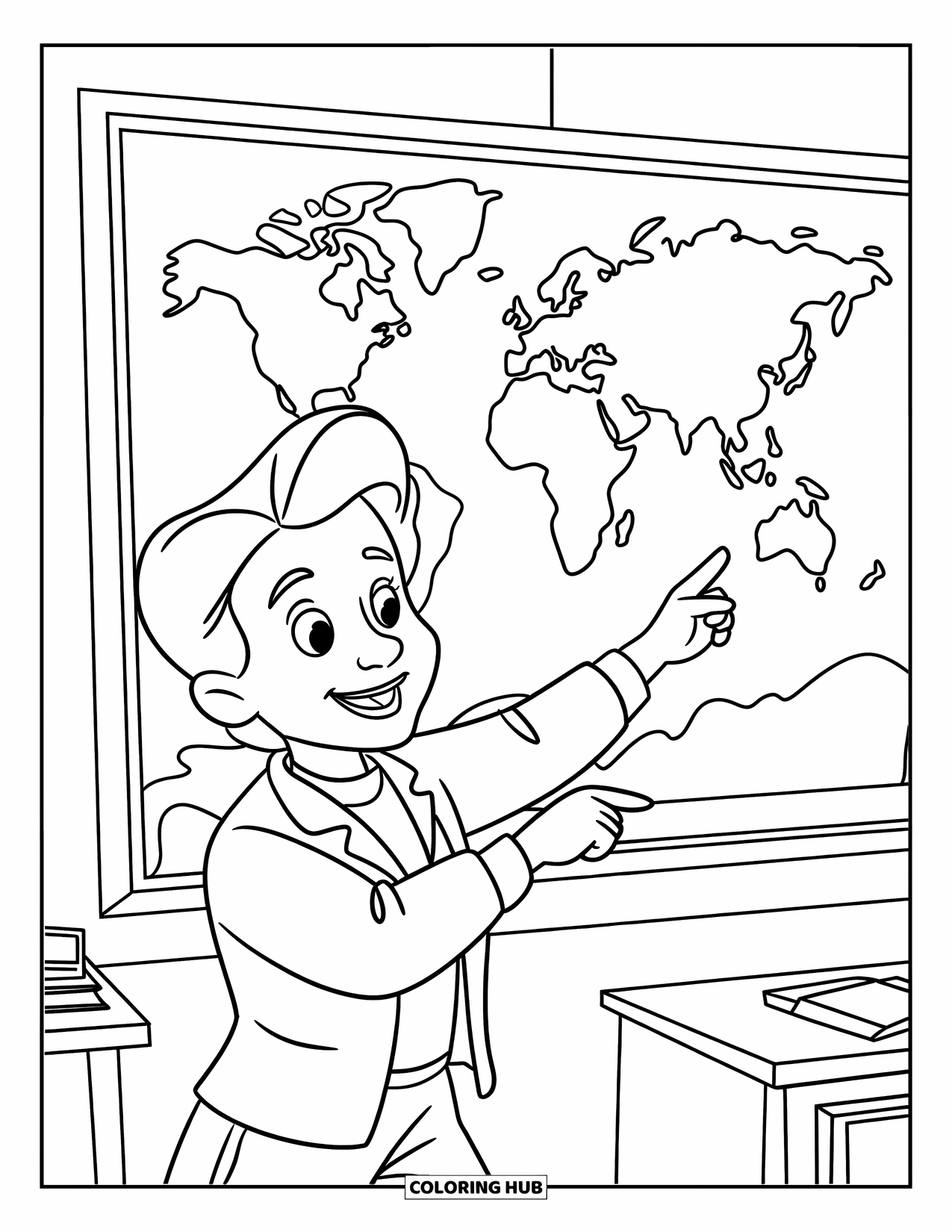 Lehrer Ausmalbild für Kinder: Eine Lehrerin zeigt auf eine Weltkarte voller lustiger Reisesymbole und fröhlicher Klassenzimmerdetails