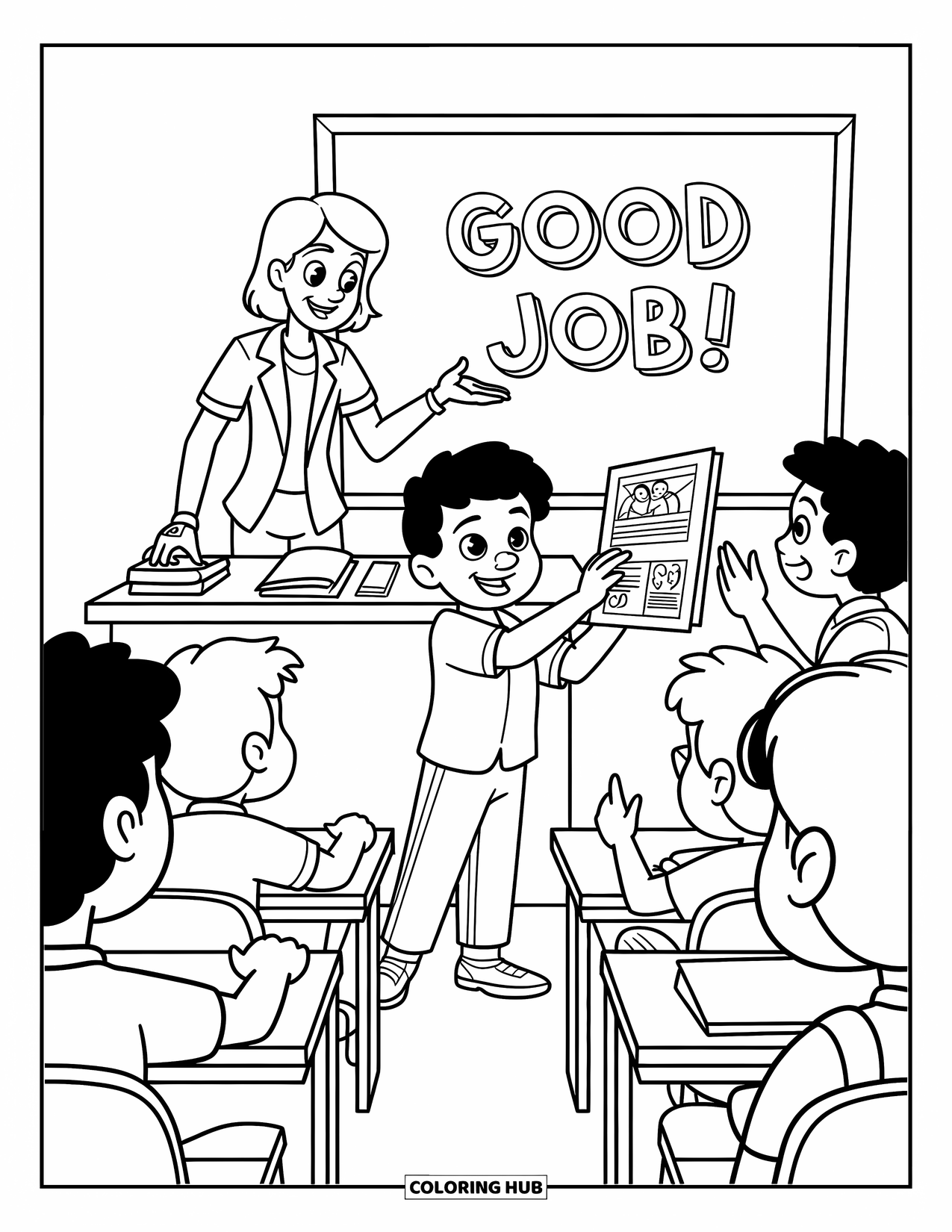 Lehrer Ausmalbild für Kinder: Eine Lehrerin lobt einen Schüler, der in der Nähe einer Tafel präsentiert, auf der „Gute Arbeit!“ steht, während Klassenkameraden zusehen