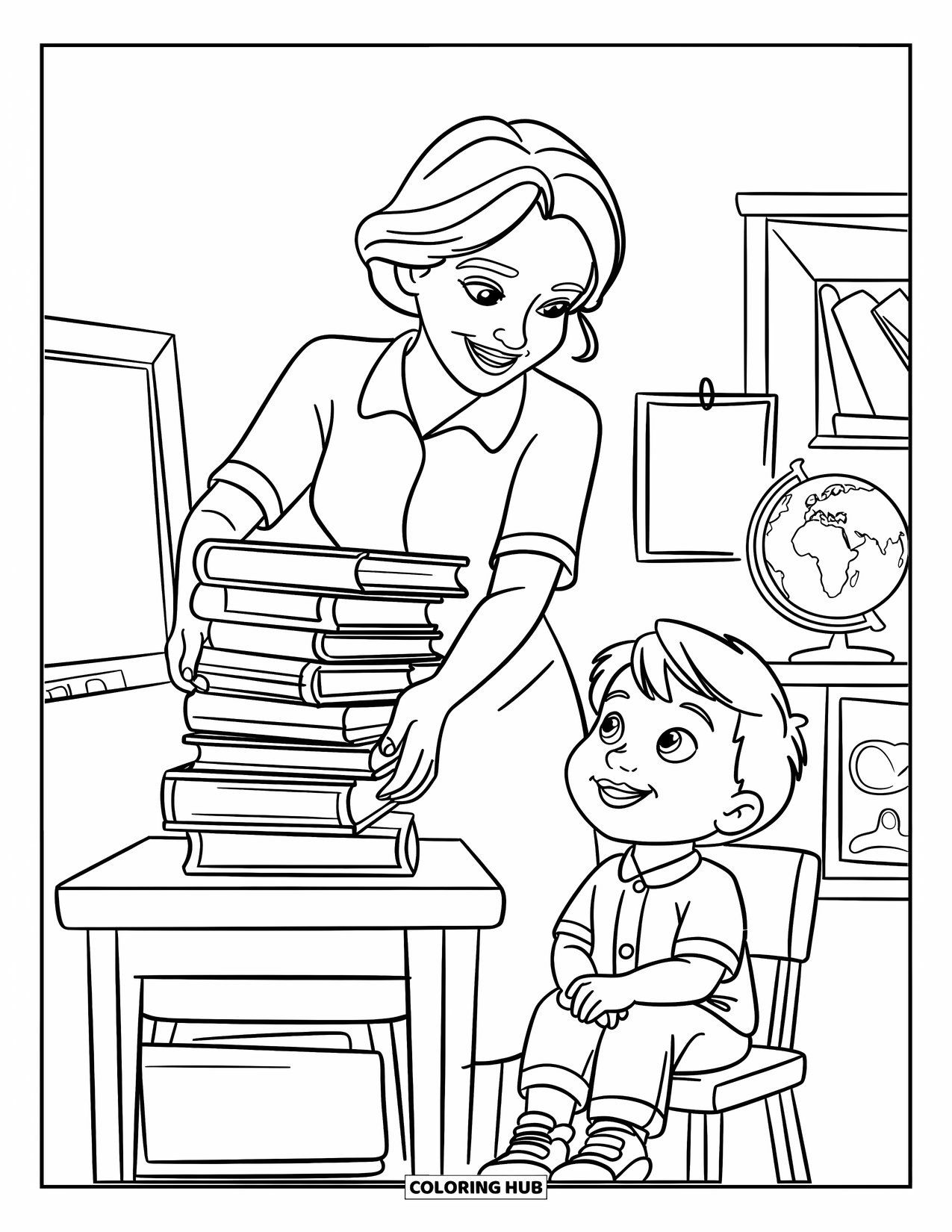 Lehrer Ausmalbild für Kinder: Eine Lehrerin greift nach einem Regal, während ein Kind auf einem Stuhl voller Ehrfurcht aufblickt