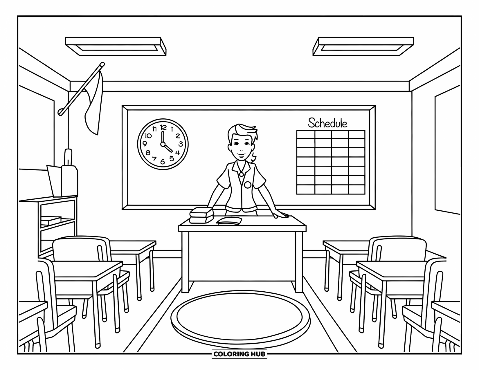 Lehrer Ausmalbild für Kinder: Ein Lehrer steht neben einer Klassenzimmerflagge und einem Stundenplan, umgeben von Schreibtischen und gemusterten Böden