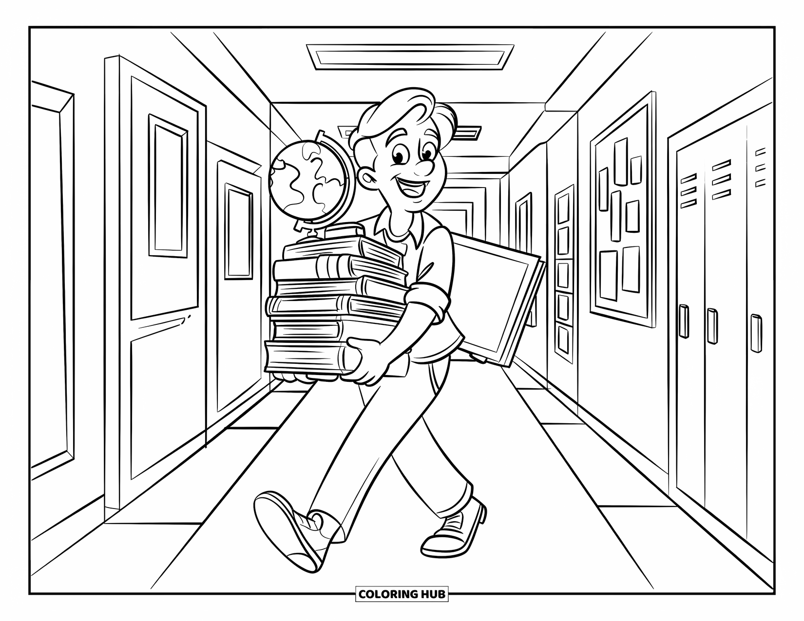 Lehrer Ausmalbild für Kinder: Ein Lehrer geht durch einen Schulflur mit Klassenzimmergegenständen wie einem Globus und einer Pinnwand