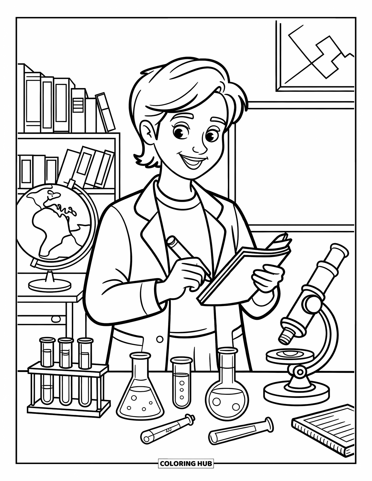 Lehrer Ausmalbild für Kinder: Eine Lehrerin mit einem Notizbuch steht in der Nähe von Reagenzgläsern, einem Globus und einer Tafel mit Gleichungen