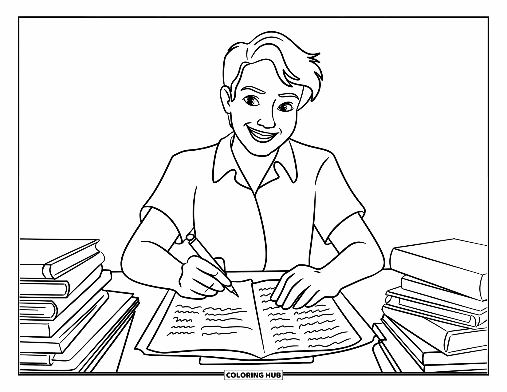 Lehrer Ausmalbild für Kinder: Eine Lehrerin schreibt Feedback zu einem Aufsatz, umgeben von Papieren und einer konzentrierten, freundlichen Atmosphäre