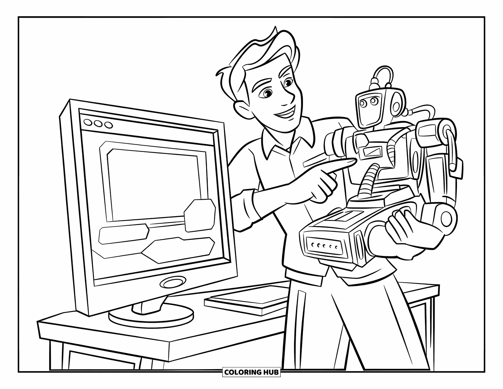 Lehrer Ausmalbild für Kinder: Ein Techniklehrer erklärt einen Roboter neben einem Bildschirm, umgeben von Schreibtischen und einer Klassenzimmerumgebung