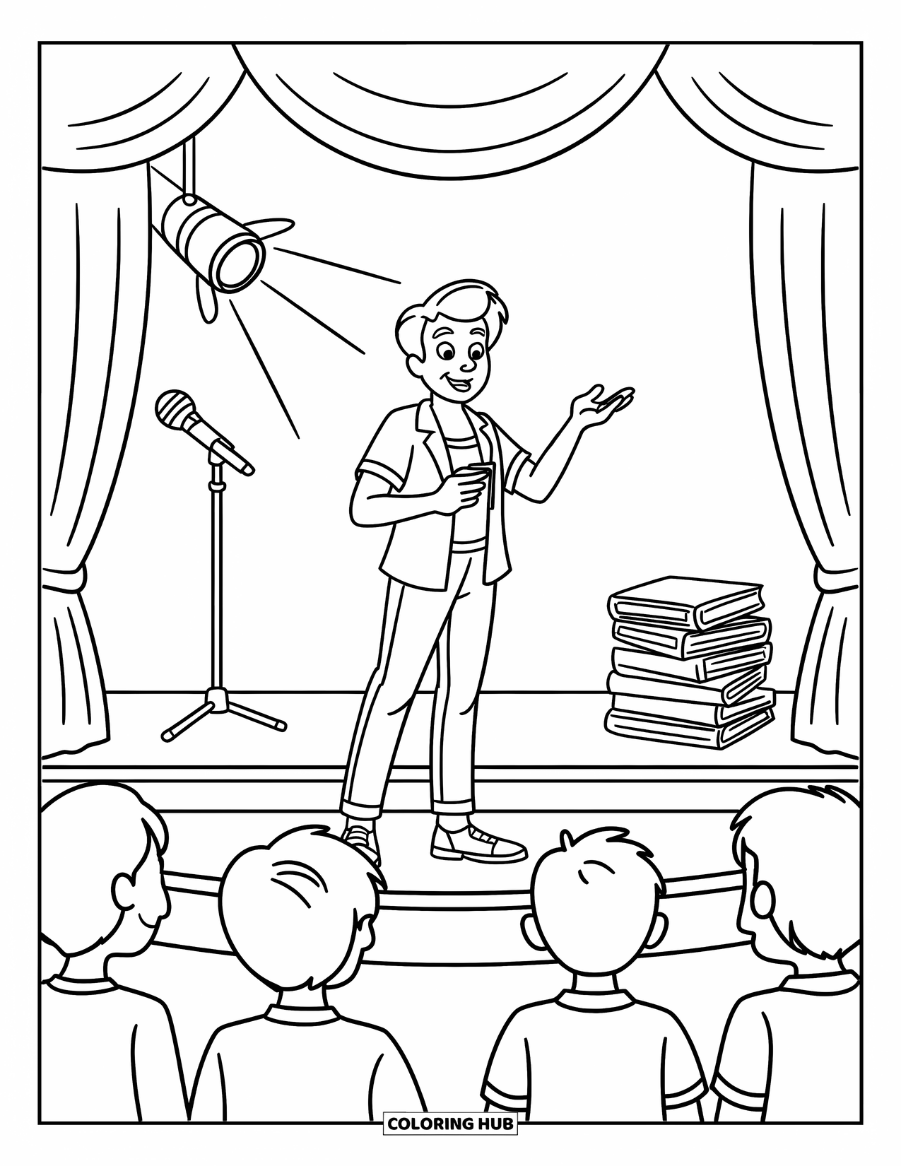 Lehrer Ausmalbild für Kinder: Ein Theaterlehrer gibt Anweisungen auf der Bühne mit Requisiten, einem Vorhang und einem Scheinwerfer in der Hand