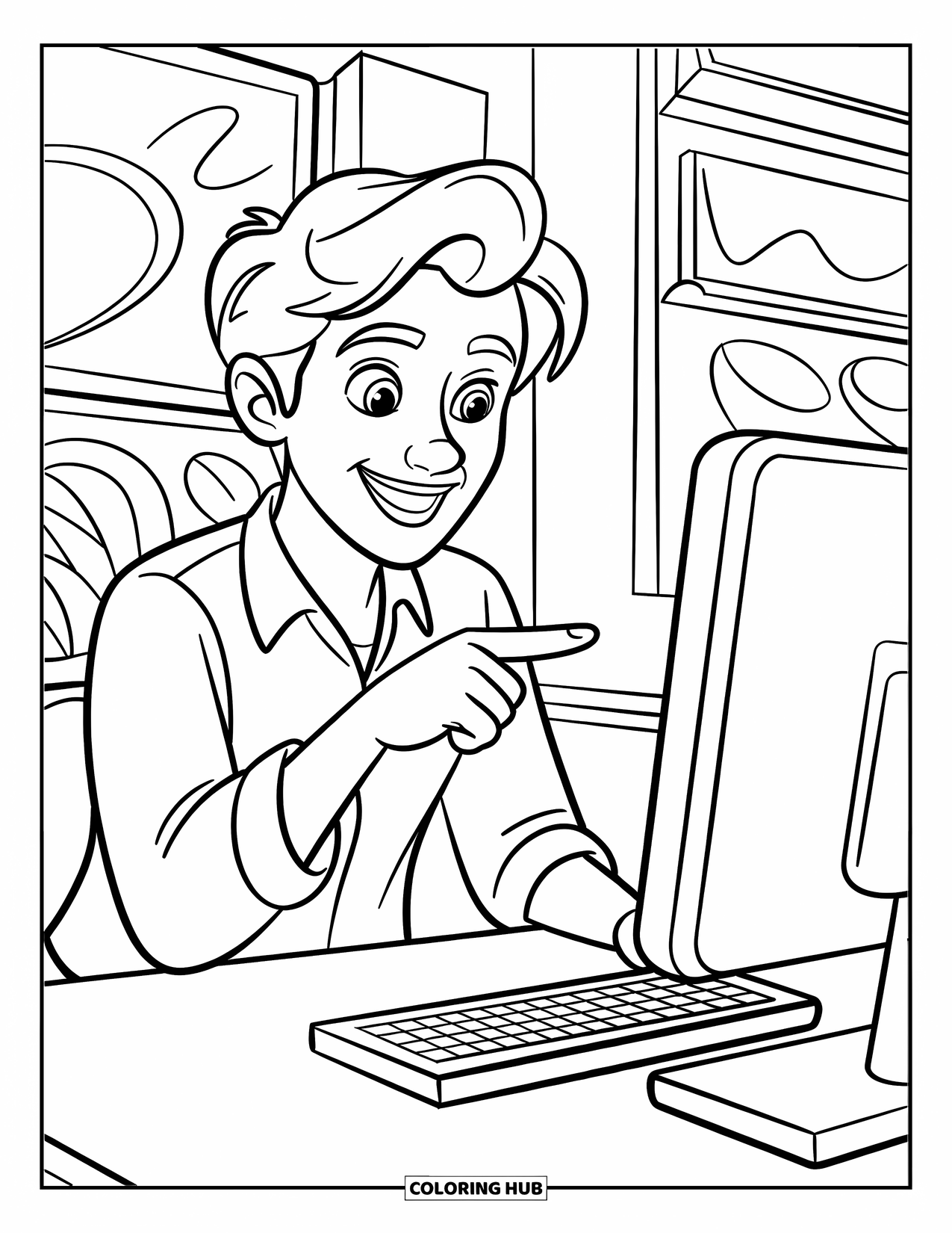 Lehrer Ausmalbild für Kinder: Eine herzliche Computerlehrerin gestikuliert auf einen Bildschirm mit einer Tastatur in der Nähe und lustigen modernen Akzenten