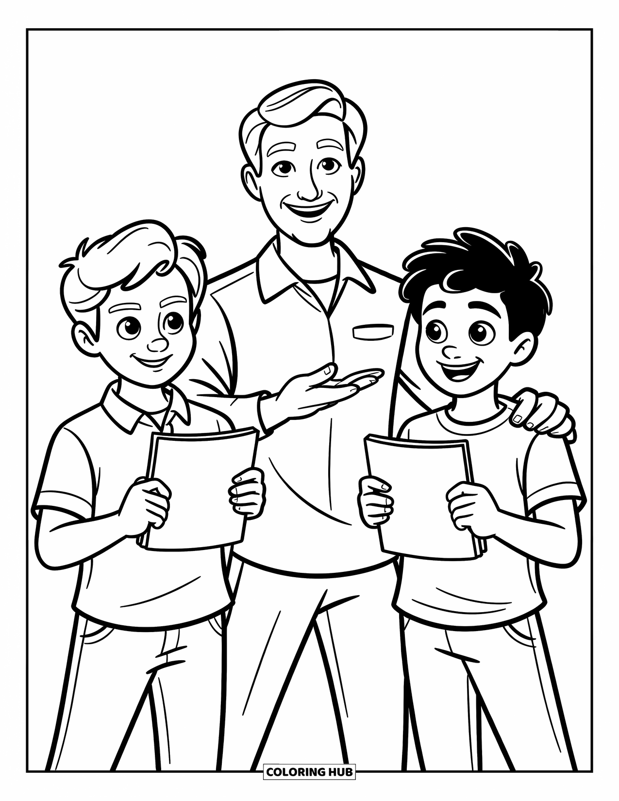 Lehrer Ausmalbild für Kinder: Ein herzlicher Debattencoach gestikuliert in Richtung zweier selbstbewusster Schüler, die Notizkarten mit strahlender Energie halten