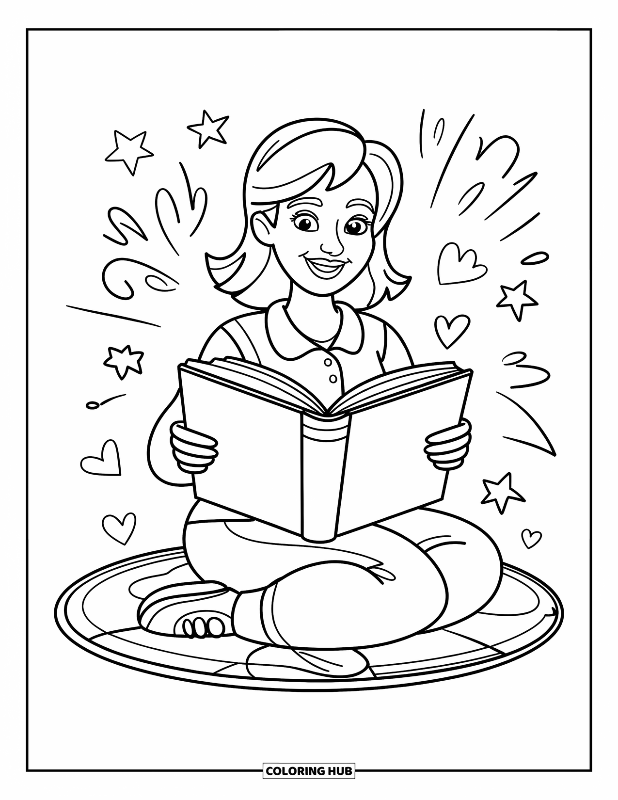 Lehrer Ausmalbild für Kinder: Eine herzliche Lehrerin sitzt mit einem Märchenbuch auf einer Matte, umgeben von Sternen, Herzen und kleinen Tieren